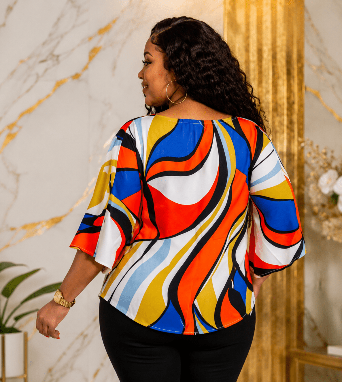 Women’s Multicolour Abstract Print Tie-Waist Blouse – Bell Sleeve Dressy Casual Top – One Size UK 10–16 - Top - Cherubim Aura