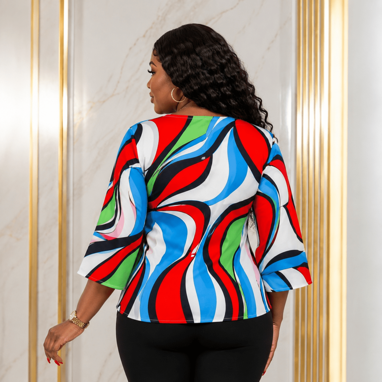 Women’s Multicolour Abstract Print Tie-Waist Blouse – Bell Sleeve Dressy Casual Top – One Size UK 10–16 - Top - Cherubim Aura