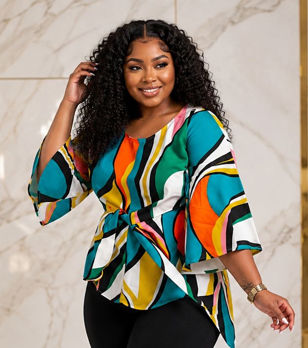 Women’s Multicolour Abstract Print Tie-Waist Blouse – Bell Sleeve Dressy Casual Top – One Size UK 10–16 - Top - Cherubim Aura