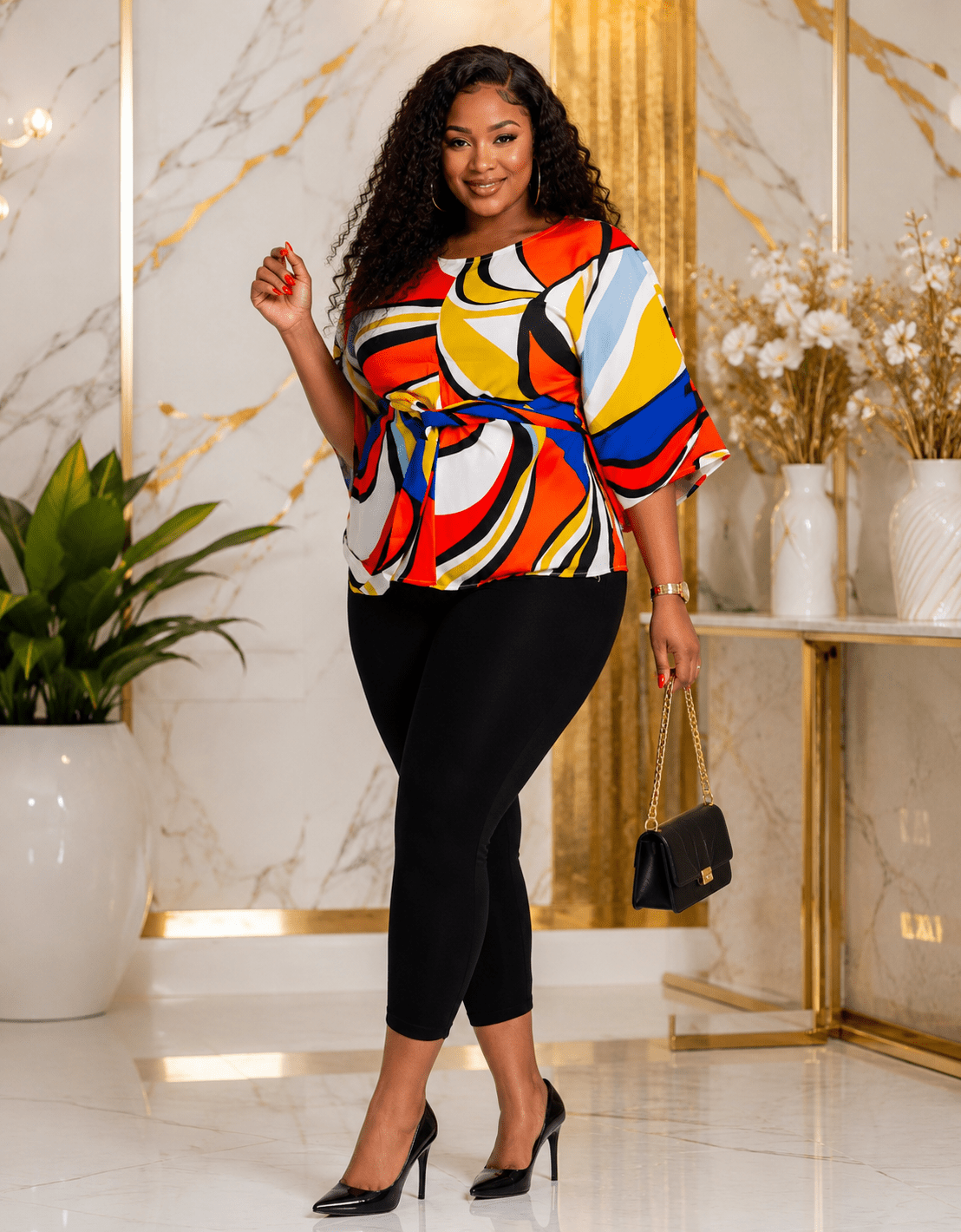 Women’s Multicolour Abstract Print Tie-Waist Blouse – Bell Sleeve Dressy Casual Top – One Size UK 10–16 - Top - Cherubim Aura