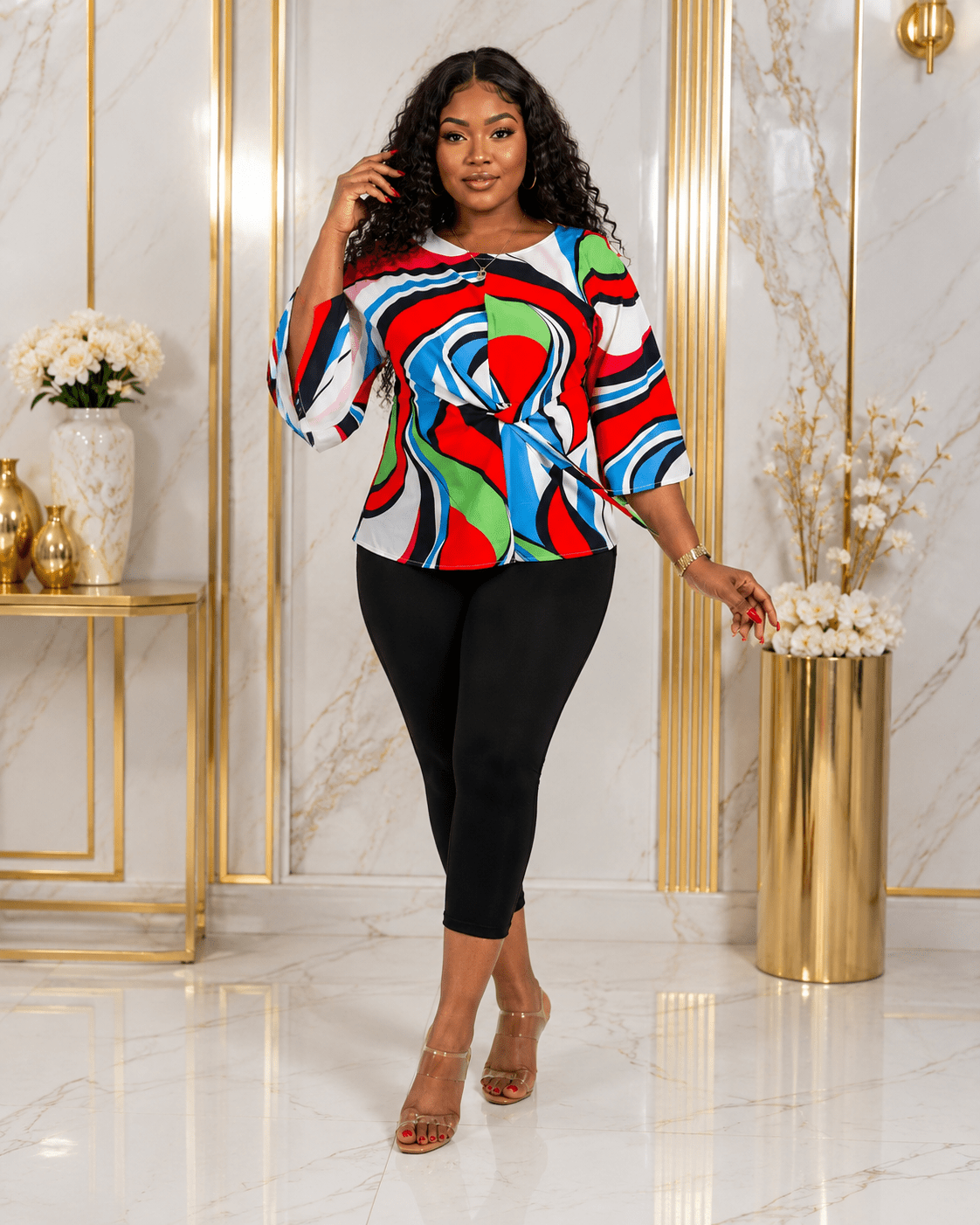 Women’s Multicolour Abstract Print Tie-Waist Blouse – Bell Sleeve Dressy Casual Top – One Size UK 10–16 - Top - Cherubim Aura
