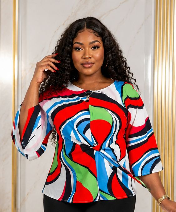 Women’s Multicolour Abstract Print Tie-Waist Blouse – Bell Sleeve Dressy Casual Top – One Size UK 10–16 - Top - Cherubim Aura
