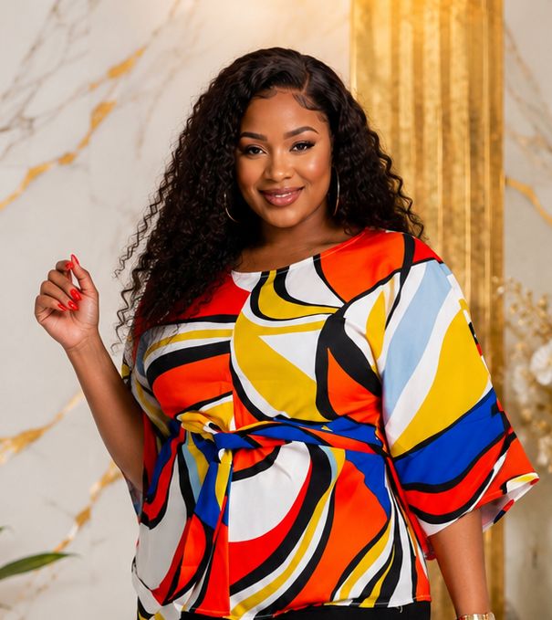 Women’s Multicolour Abstract Print Tie-Waist Blouse – Bell Sleeve Dressy Casual Top – One Size UK 10–16 - Top - Cherubim Aura