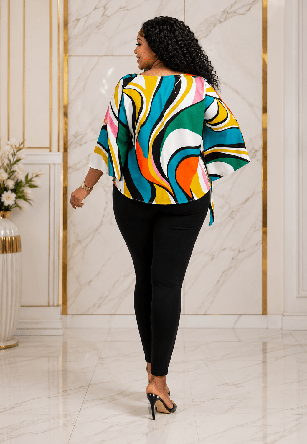 Women’s Multicolour Abstract Print Tie-Waist Blouse – Bell Sleeve Dressy Casual Top – One Size UK 10–16 - Top - Cherubim Aura