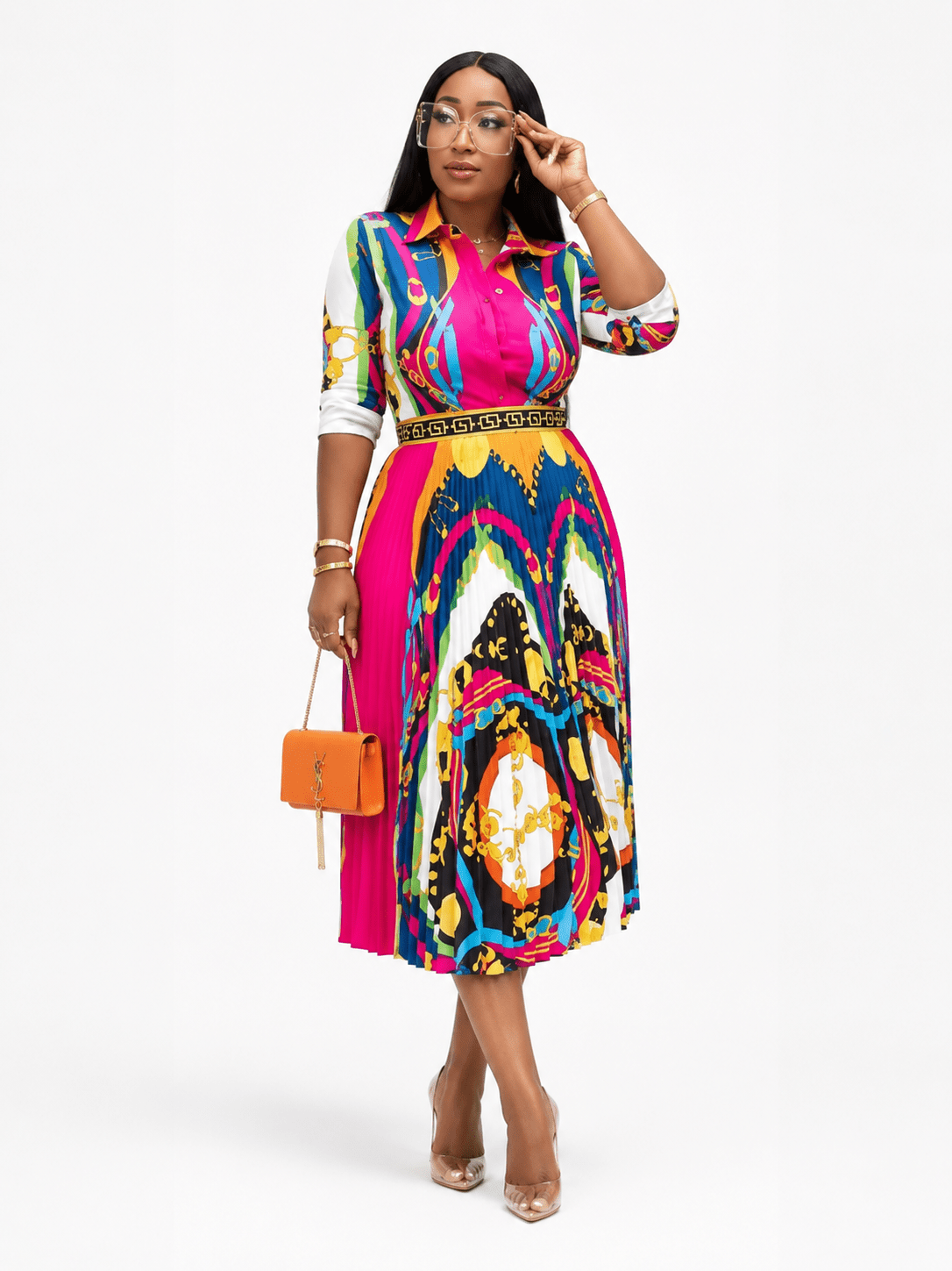 Women's Multicolour Baroque Print Two-Piece Pleated Skirt Set | Long Sleeve Button Shirt & Pleated Midi Skirt - Matching Set - Cherubim Aura