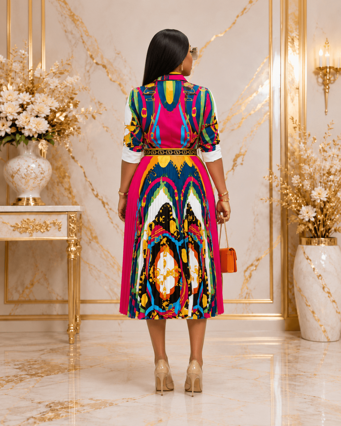 Women's Multicolour Baroque Print Two-Piece Pleated Skirt Set | Long Sleeve Button Shirt & Pleated Midi Skirt - Matching Set - Cherubim Aura