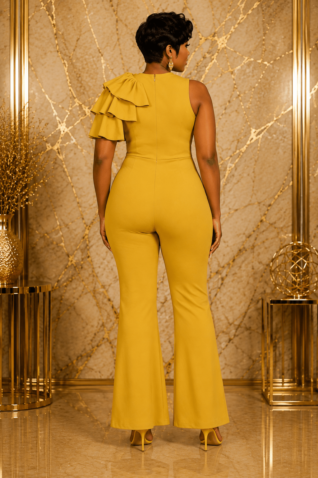 Women’s Mustard One-Shoulder Ruffle Jumpsuit – Flared Leg Occasion Outfit - Jumpsuit - Cherubim Aura
