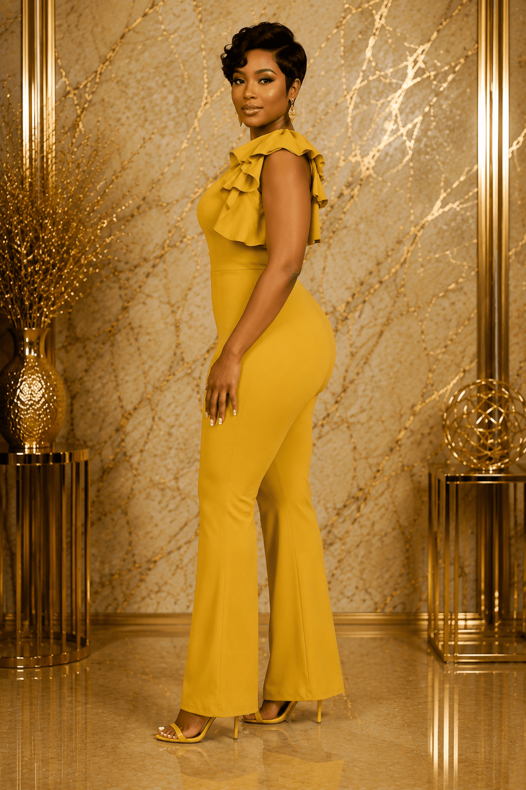 Women’s Mustard One-Shoulder Ruffle Jumpsuit – Flared Leg Occasion Outfit - Jumpsuit - Cherubim Aura