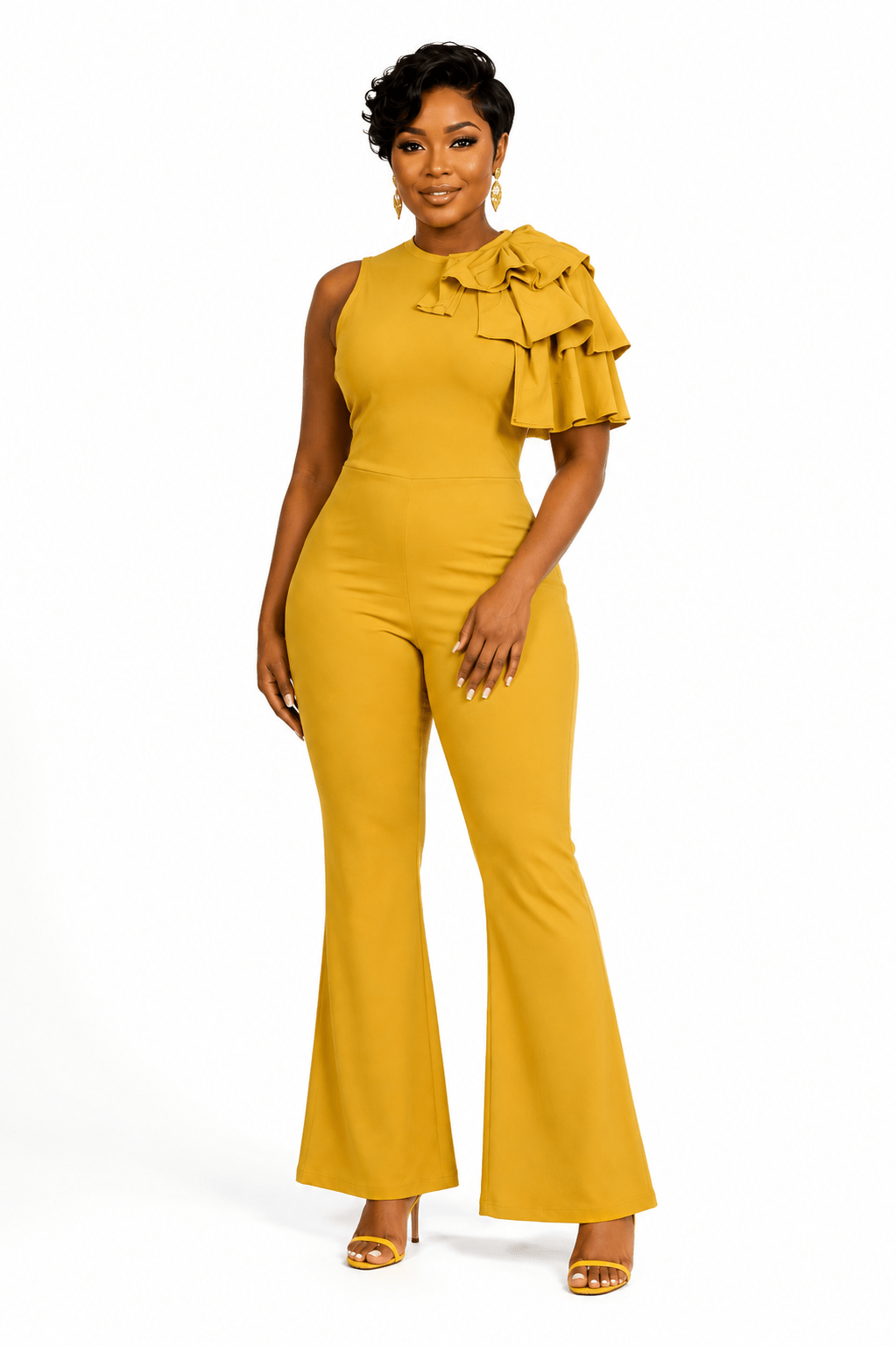 Women’s Mustard One-Shoulder Ruffle Jumpsuit – Flared Leg Occasion Outfit - Jumpsuit - Cherubim Aura