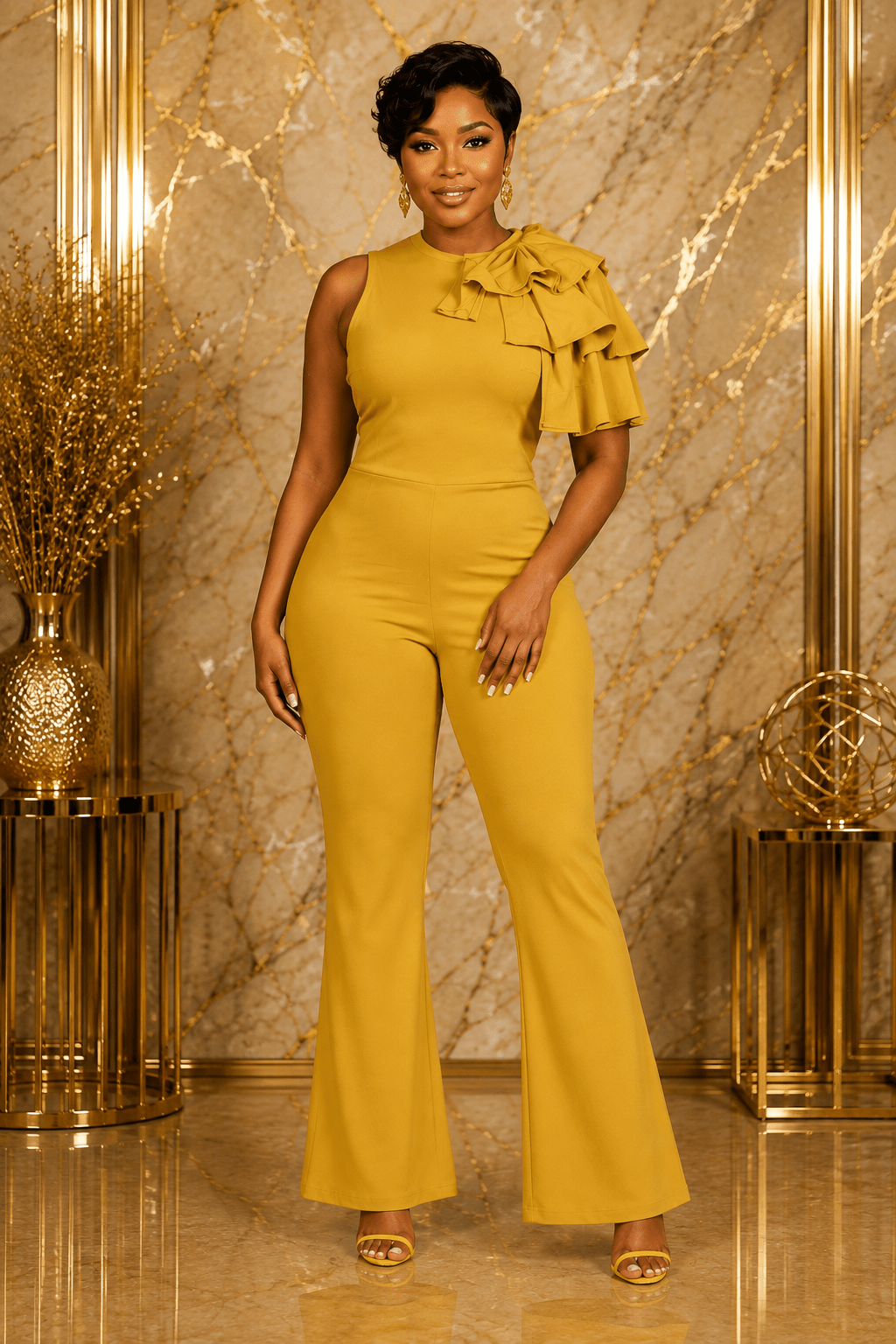 Women’s Mustard One-Shoulder Ruffle Jumpsuit – Flared Leg Occasion Outfit - Jumpsuit - Cherubim Aura