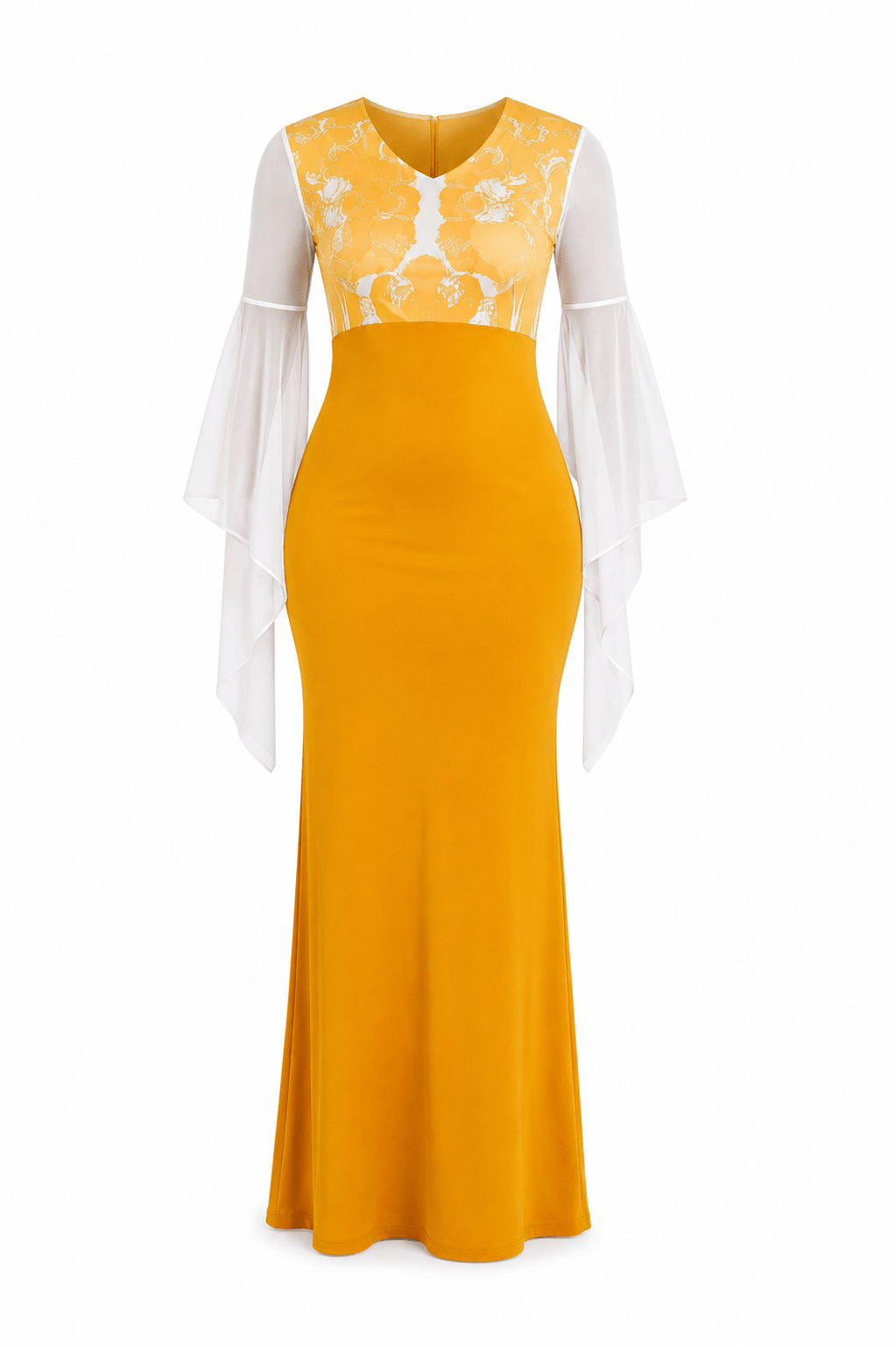 Women's Mustard Yellow Floral Bodice Maxi Dress – Long Sleeve V-Neck Straight Maxi Dress - Maxi Dress - Cherubim Aura