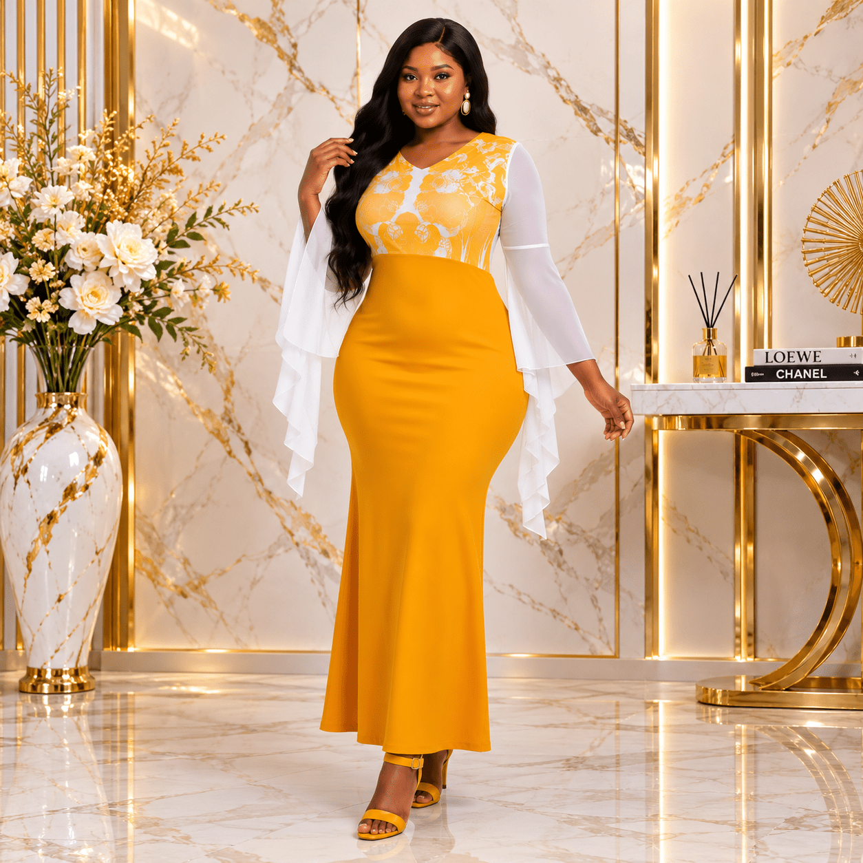 Women's Mustard Yellow Floral Bodice Maxi Dress – Long Sleeve V-Neck Straight Maxi Dress - Maxi Dress - Cherubim Aura