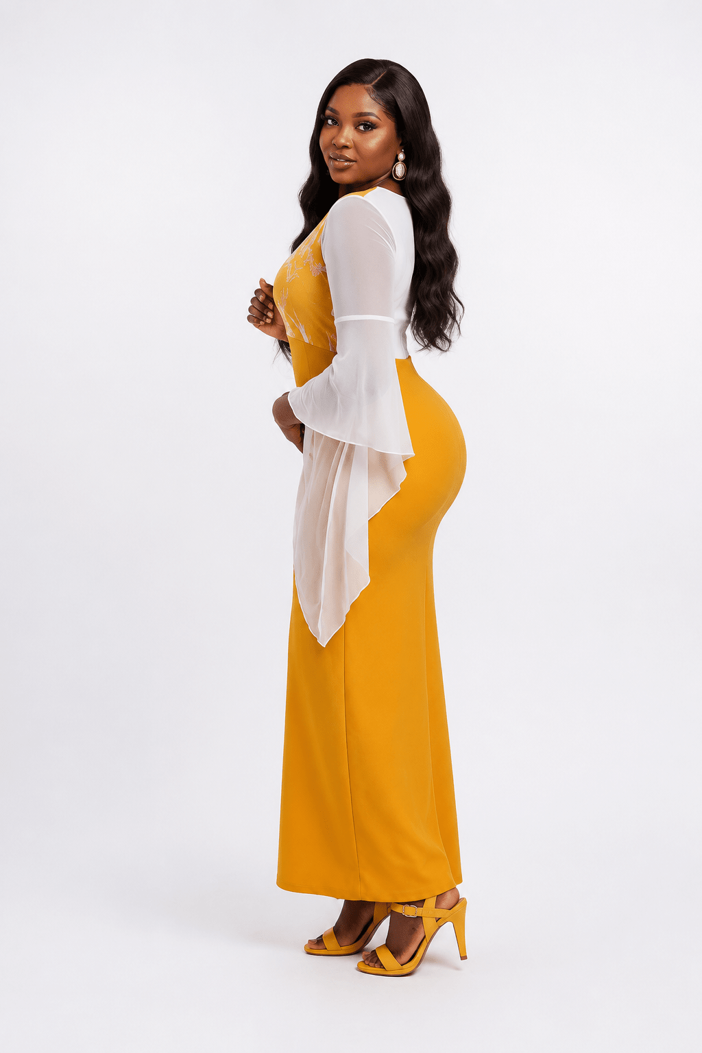 Women's Mustard Yellow Floral Bodice Maxi Dress – Long Sleeve V-Neck Straight Maxi Dress - Maxi Dress - Cherubim Aura