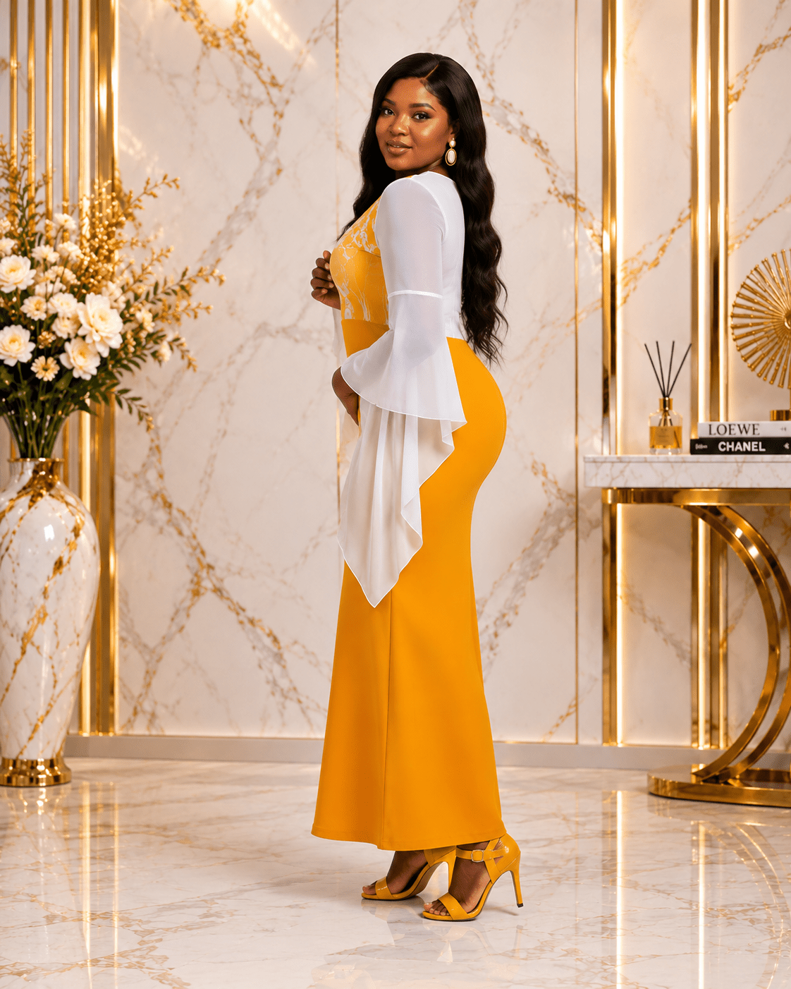 Women's Mustard Yellow Floral Bodice Maxi Dress – Long Sleeve V-Neck Straight Maxi Dress - Maxi Dress - Cherubim Aura