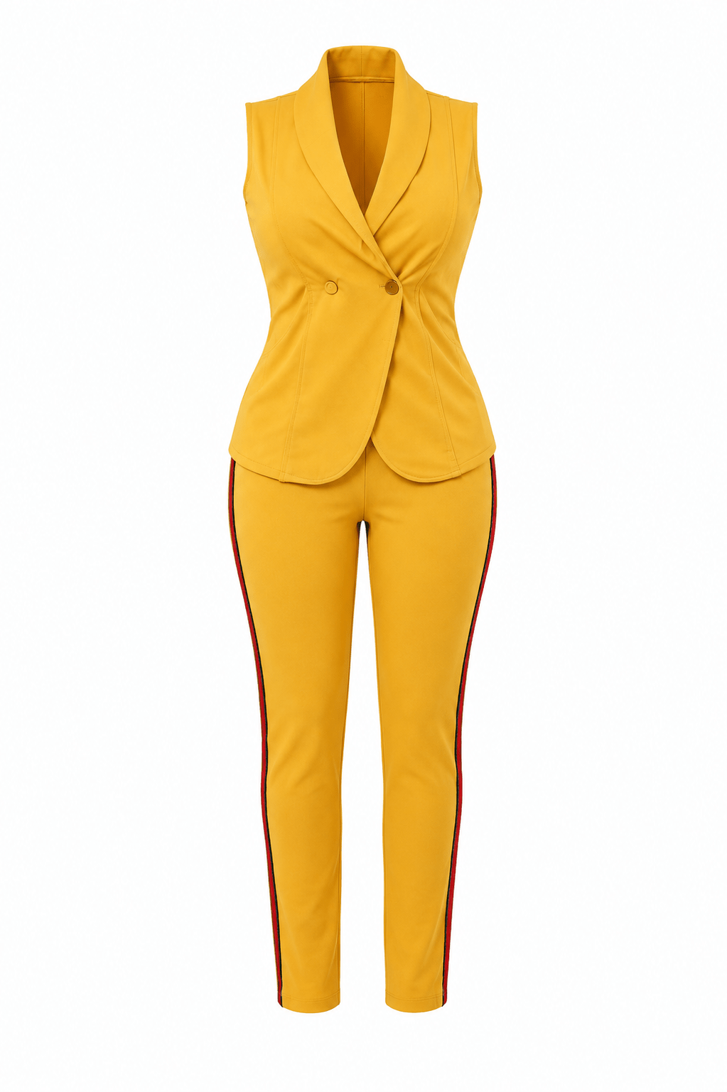 Women's Mustard Yellow Sleeveless Blazer & Side Stripe Trousers Two-Piece Set – Smart Casual Co-Ord Outfit - Matching Set - Cherubim Aura