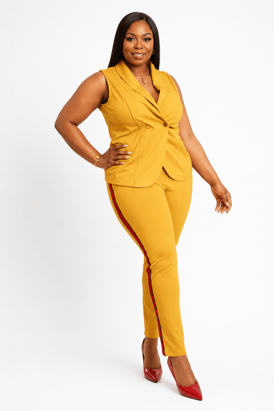 Women's Mustard Yellow Sleeveless Blazer & Side Stripe Trousers Two-Piece Set – Smart Casual Co-Ord Outfit - Matching Set - Cherubim Aura