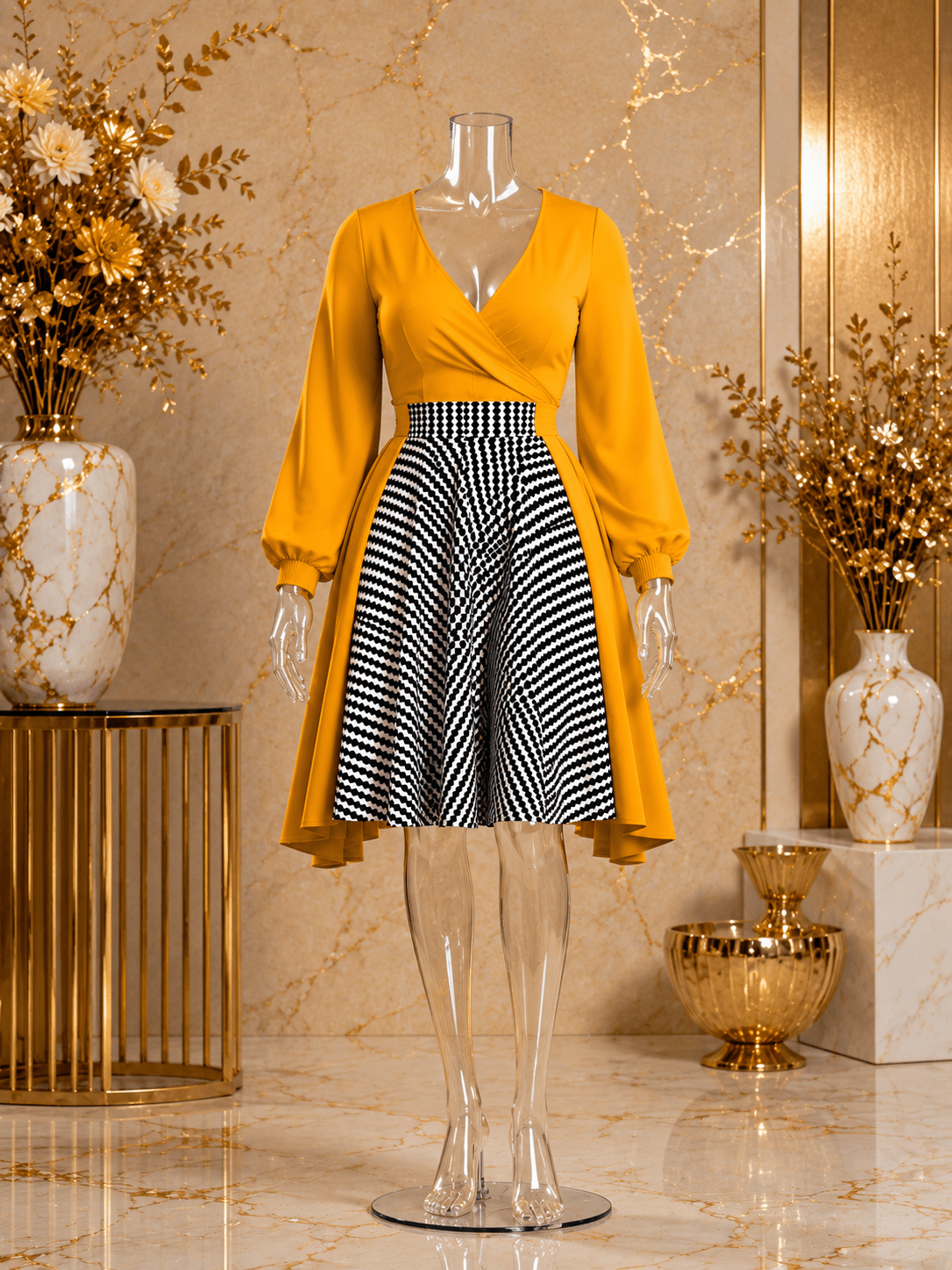 Women's Mustard Yellow V-Neck Contrast Print Midi Dress – Long Sleeve A-Line Elegant Dress - Midi Dresses - Cherubim Aura