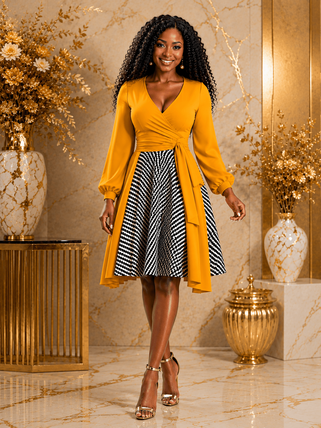 Women's Mustard Yellow V-Neck Contrast Print Midi Dress – Long Sleeve A-Line Elegant Dress - Midi Dresses - Cherubim Aura