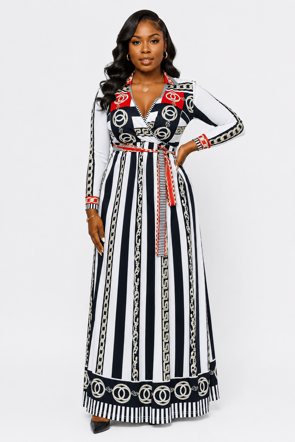 Women’s Nautical Stripe & Baroque Chain Print Maxi Dress – Long Sleeve Belted Dress - Maxi Dress - Cherubim Aura