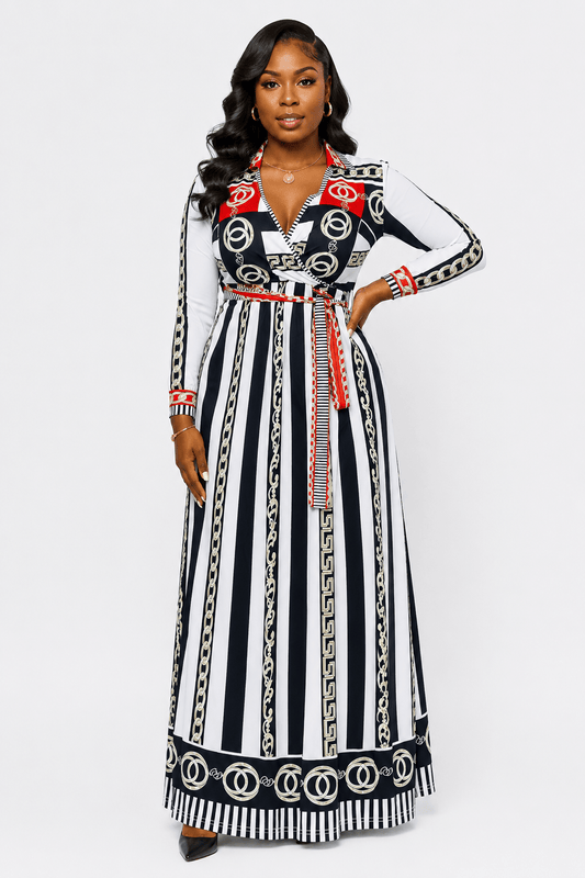 Women’s Nautical Stripe & Baroque Chain Print Maxi Dress – Long Sleeve Belted Dress - Maxi Dress - Cherubim Aura