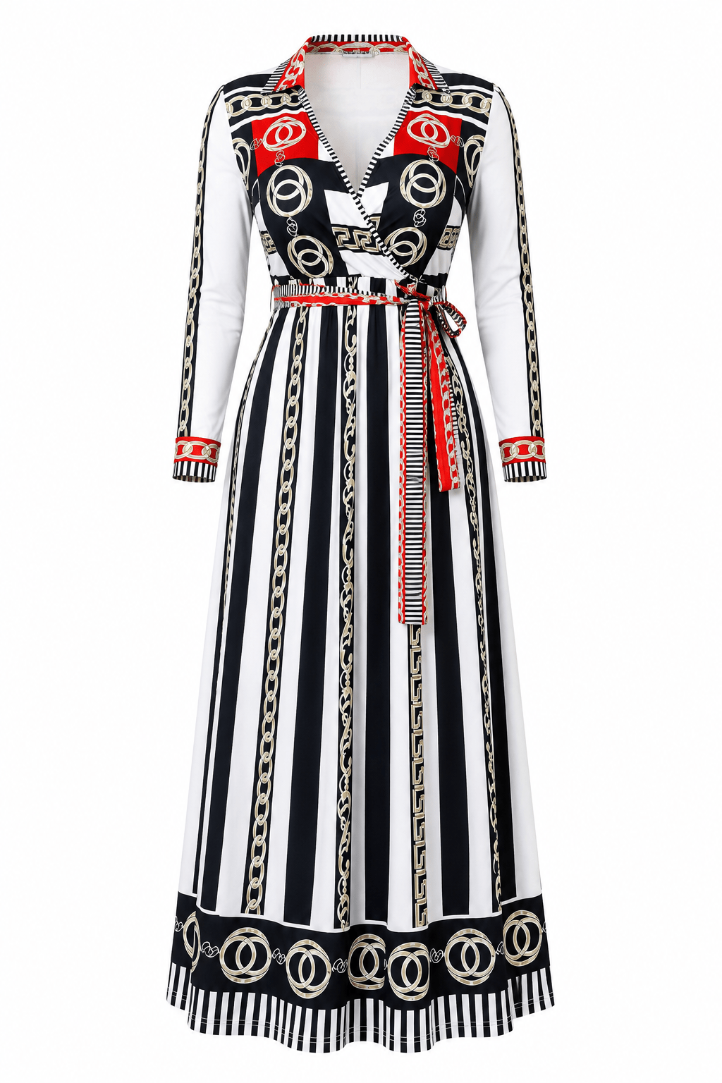 Women’s Nautical Stripe & Baroque Chain Print Maxi Dress – Long Sleeve Belted Dress - Maxi Dress - Cherubim Aura