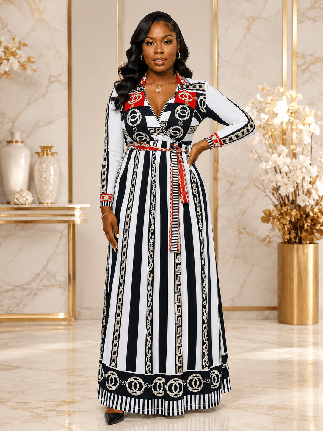 Women’s Nautical Stripe & Baroque Chain Print Maxi Dress – Long Sleeve Belted Dress - Maxi Dress - Cherubim Aura