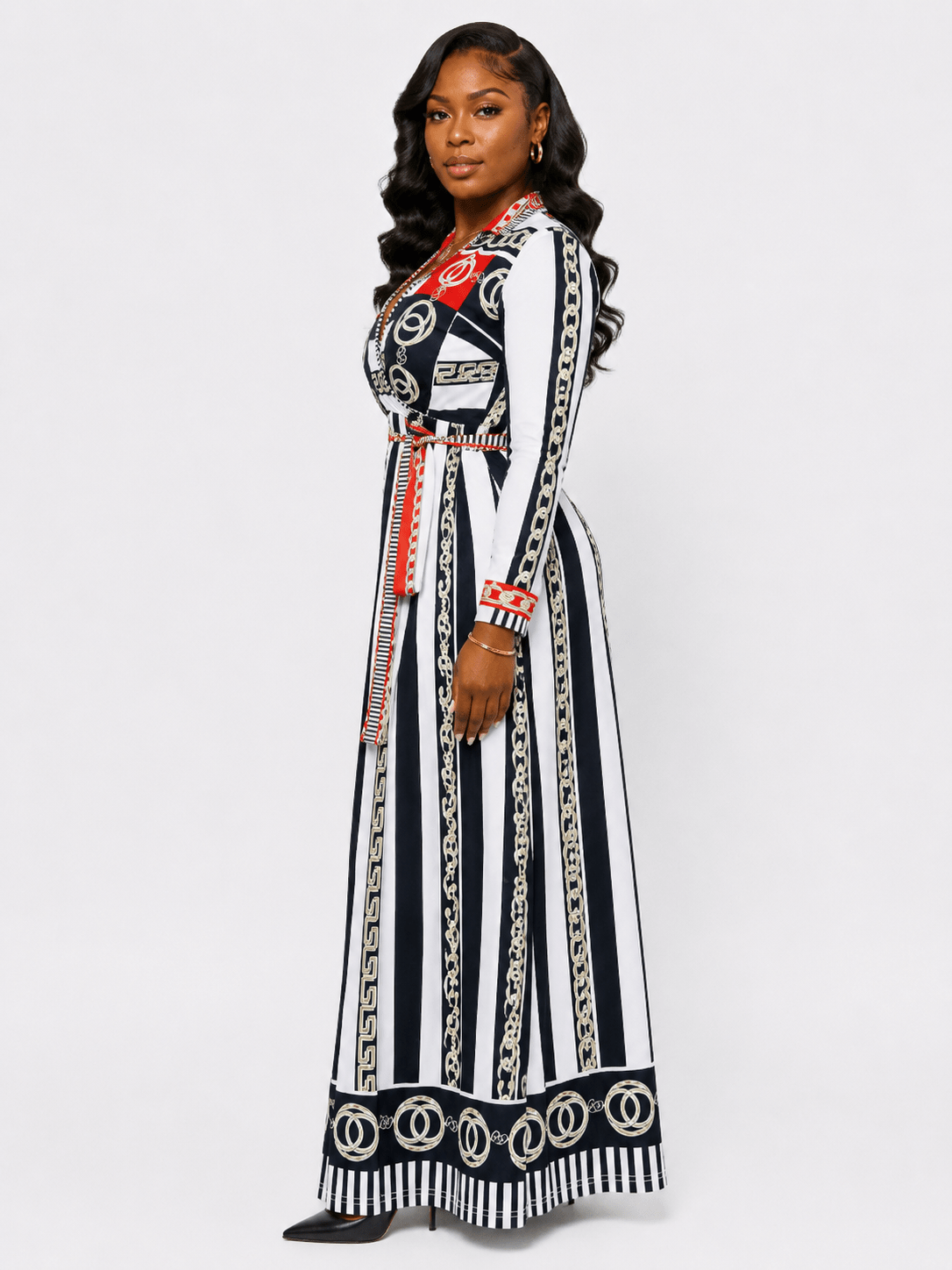 Women’s Nautical Stripe & Baroque Chain Print Maxi Dress – Long Sleeve Belted Dress - Maxi Dress - Cherubim Aura