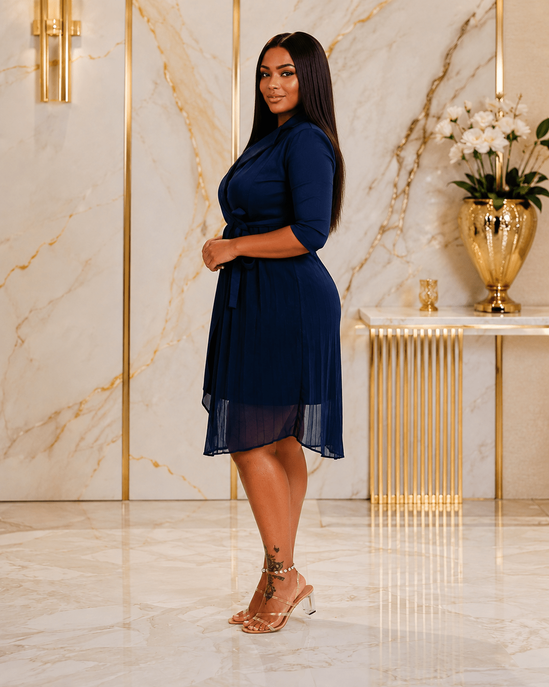 Women's Navy Blue Wrap Midi Dress – Elegant Tie Waist Layered Chiffon Hem Dress - Midi Dresses - Cherubim Aura