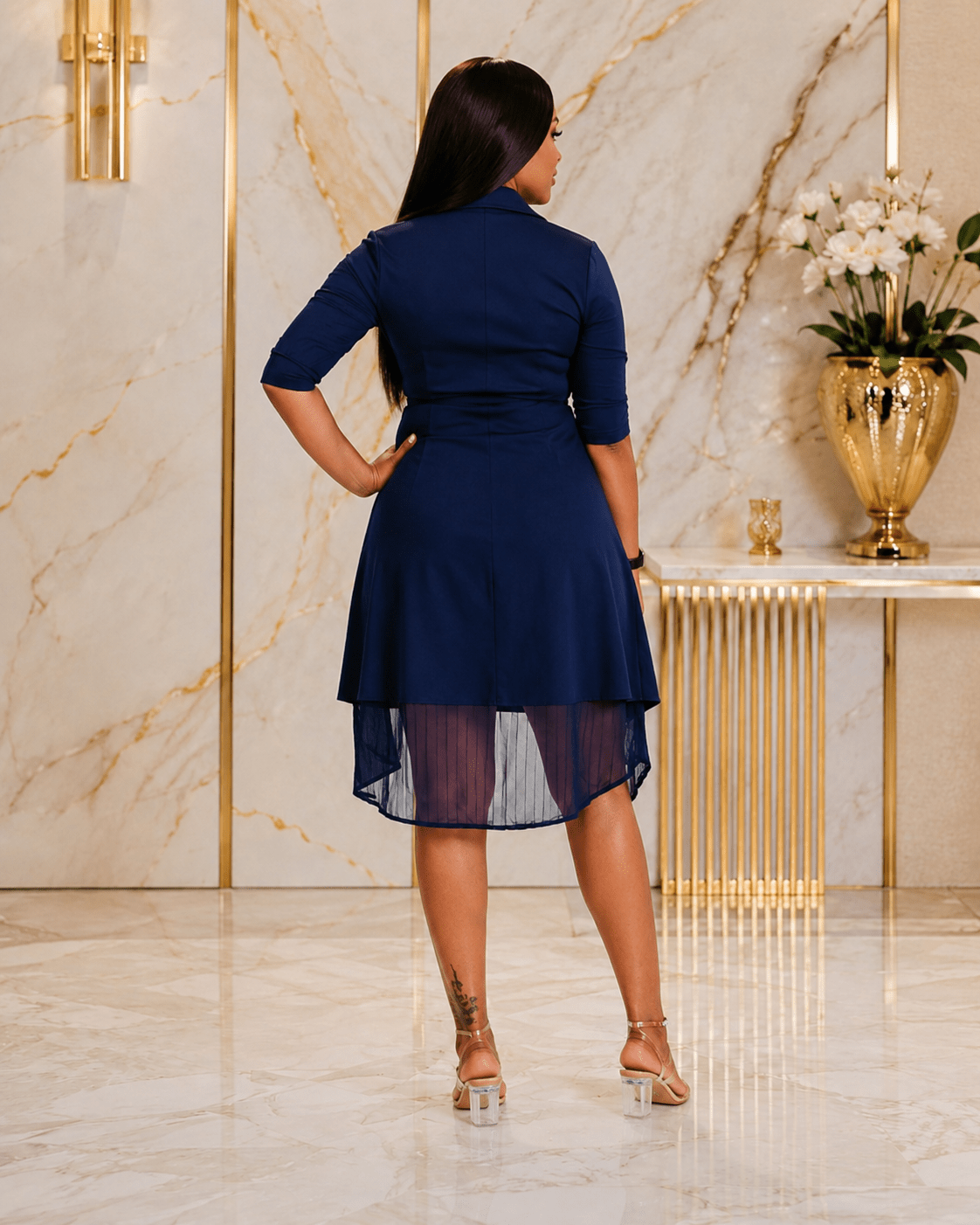 Women's Navy Blue Wrap Midi Dress – Elegant Tie Waist Layered Chiffon Hem Dress - Midi Dresses - Cherubim Aura