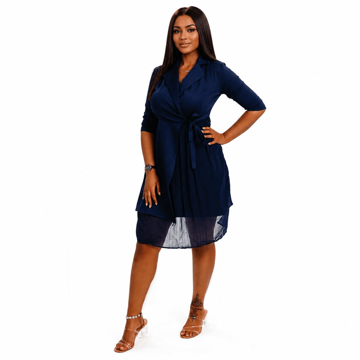 Women's Navy Blue Wrap Midi Dress – Elegant Tie Waist Layered Chiffon Hem Dress - Midi Dresses - Cherubim Aura