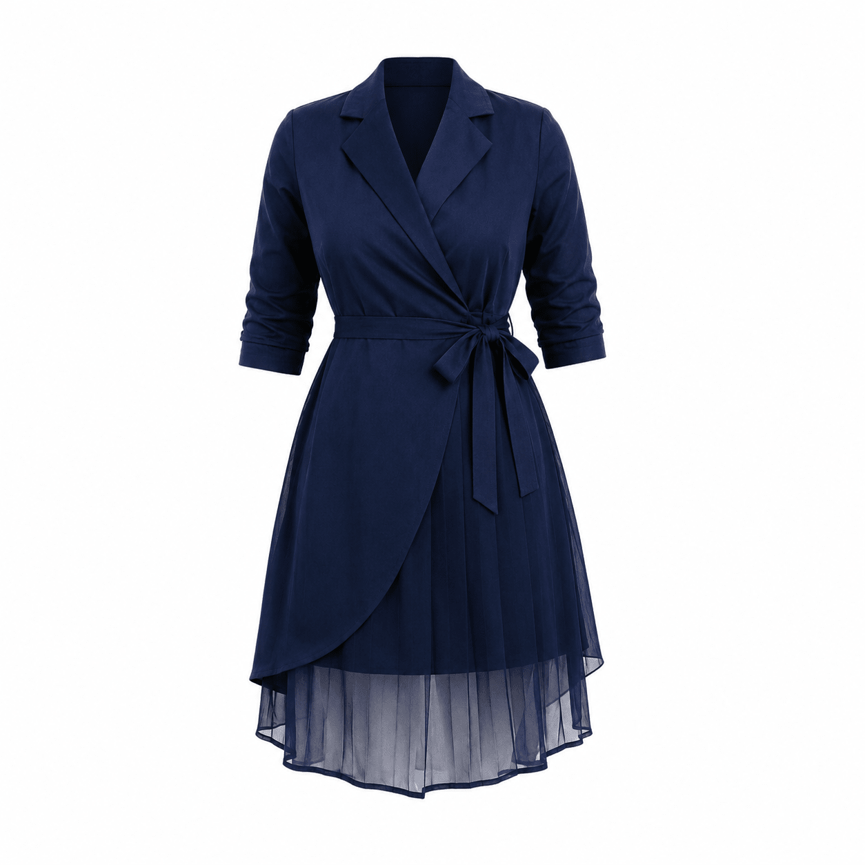 Women's Navy Blue Wrap Midi Dress – Elegant Tie Waist Layered Chiffon Hem Dress - Midi Dresses - Cherubim Aura