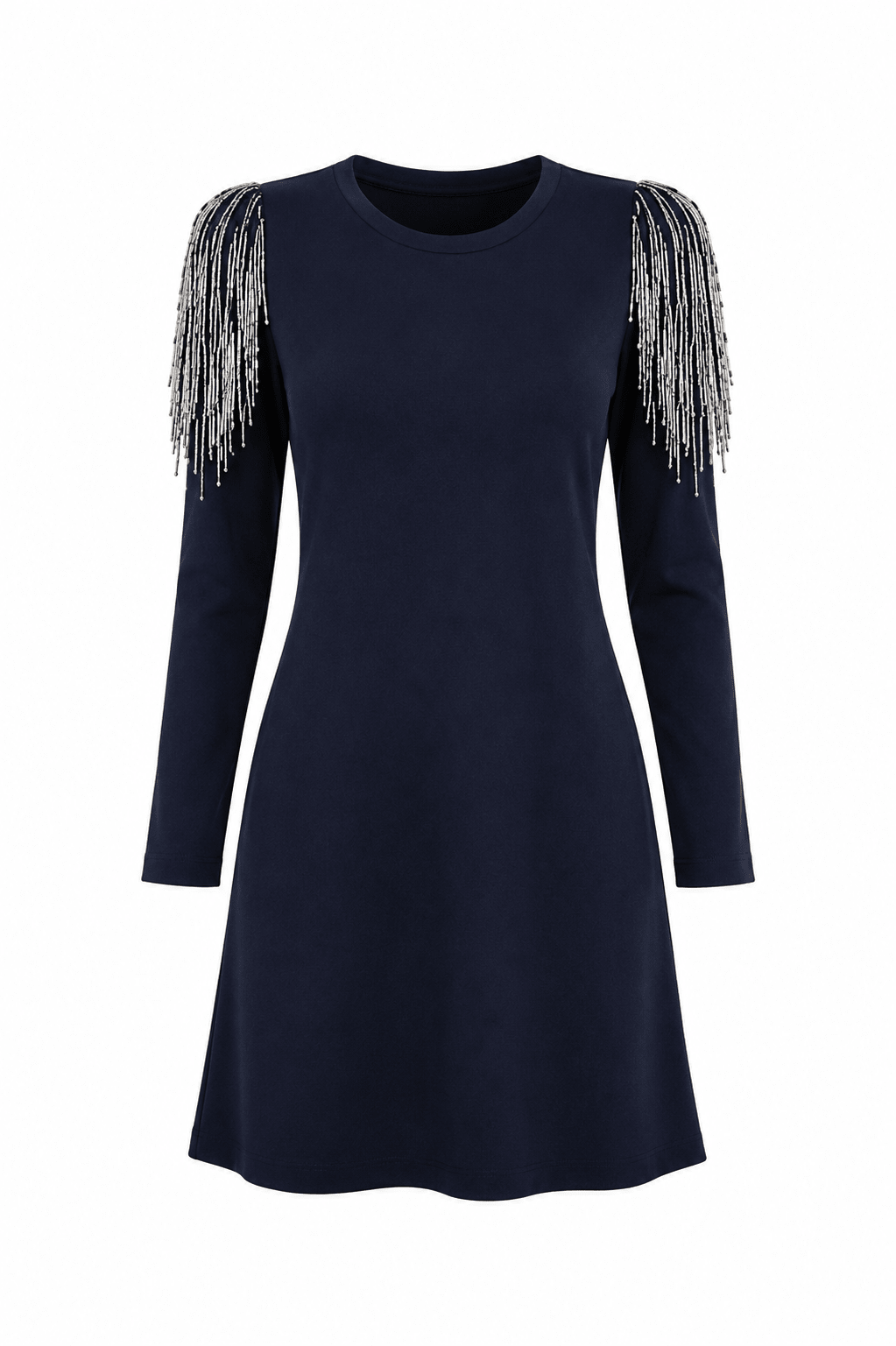 Women's Navy Fringe Shoulder Mini Dress | Long Sleeve Beaded Tassel Shift Dress for Party & Evening Wear - Mini Dress - Cherubim Aura