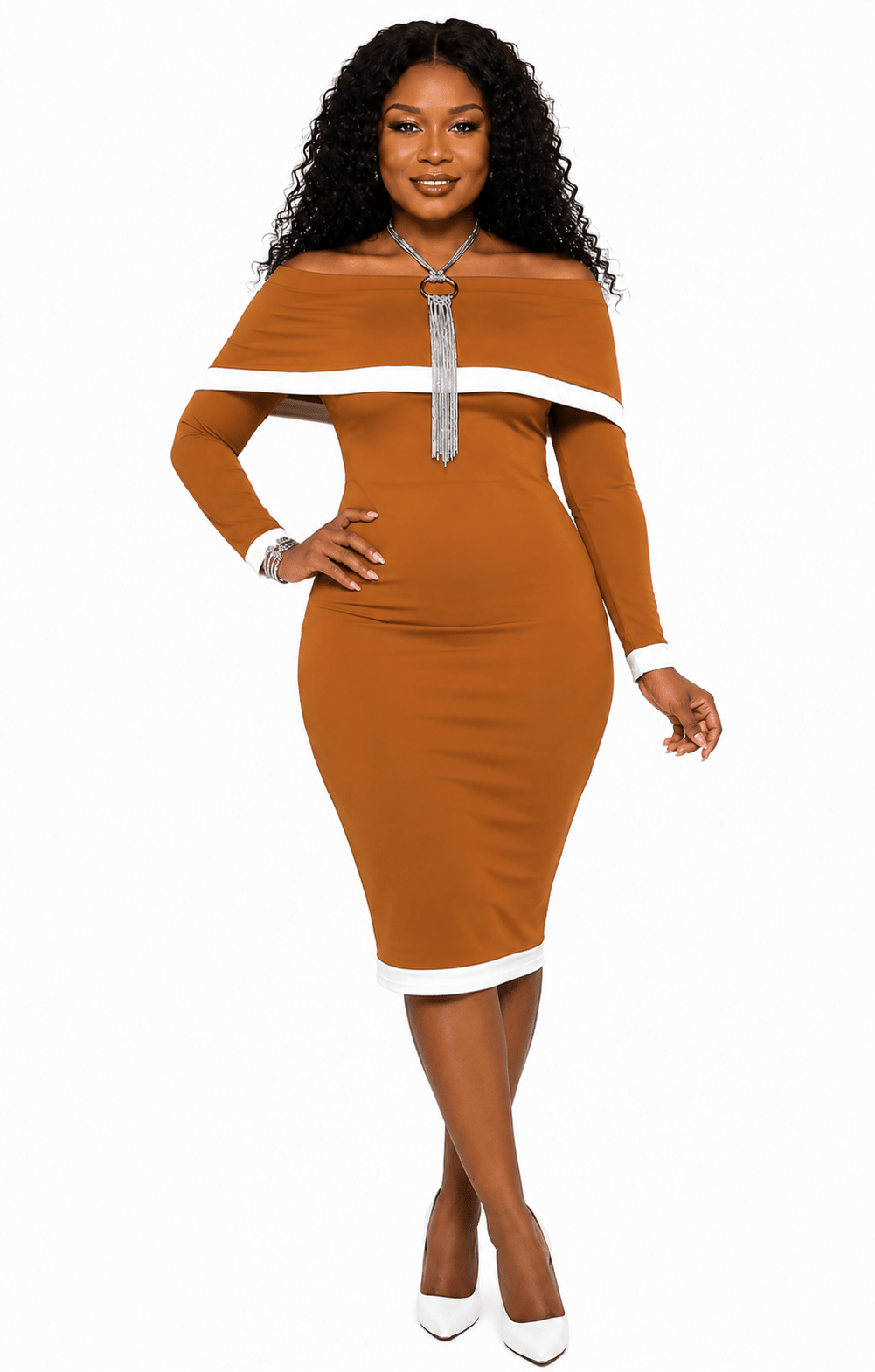 Women's Off Shoulder Bodycon Midi Dress in Brown – Elegant Long Sleeve Cocktail Party Dress - Midi Dresses - Cherubim Aura