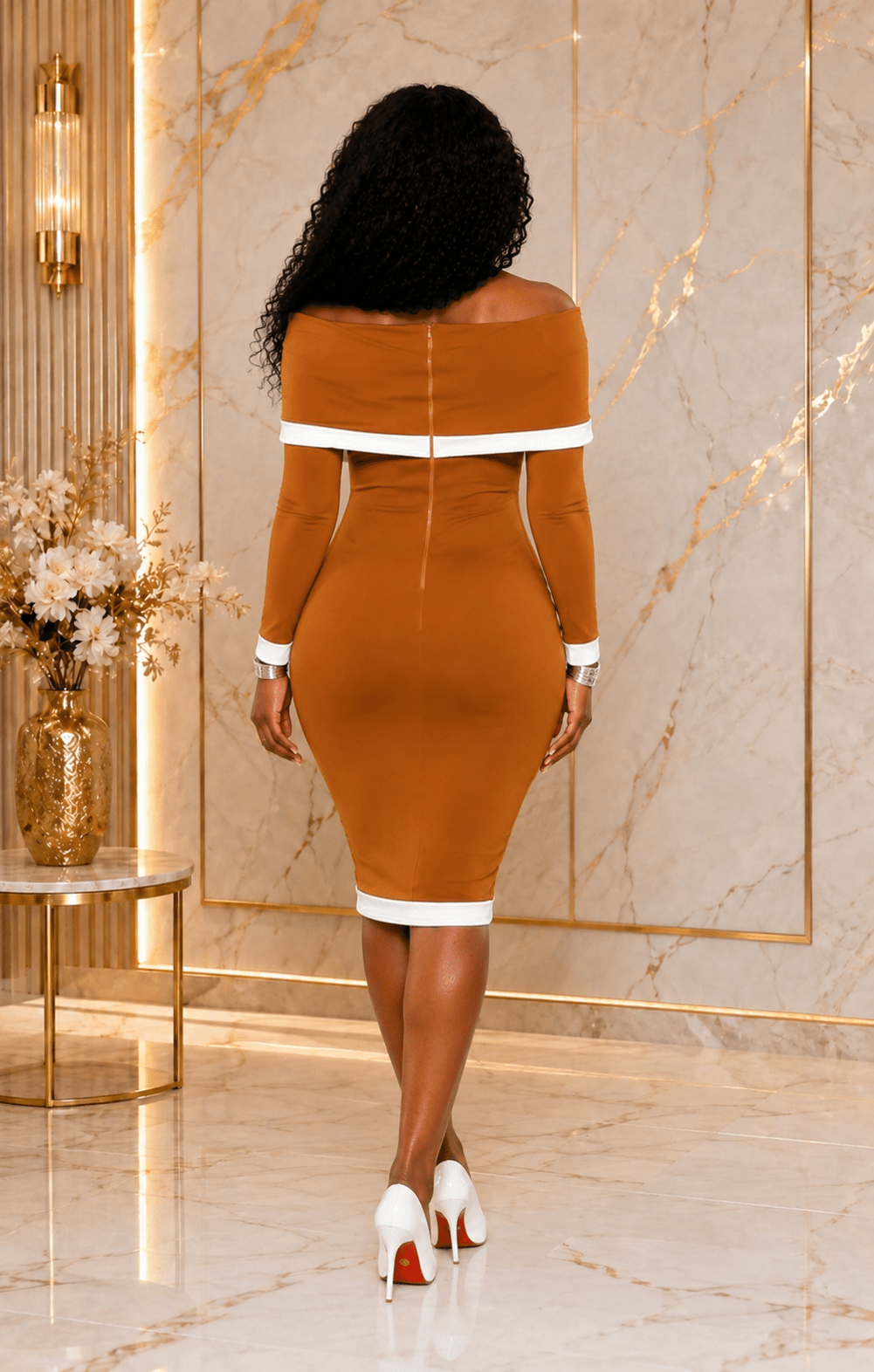 Women's Off Shoulder Bodycon Midi Dress in Brown – Elegant Long Sleeve Cocktail Party Dress - Midi Dresses - Cherubim Aura