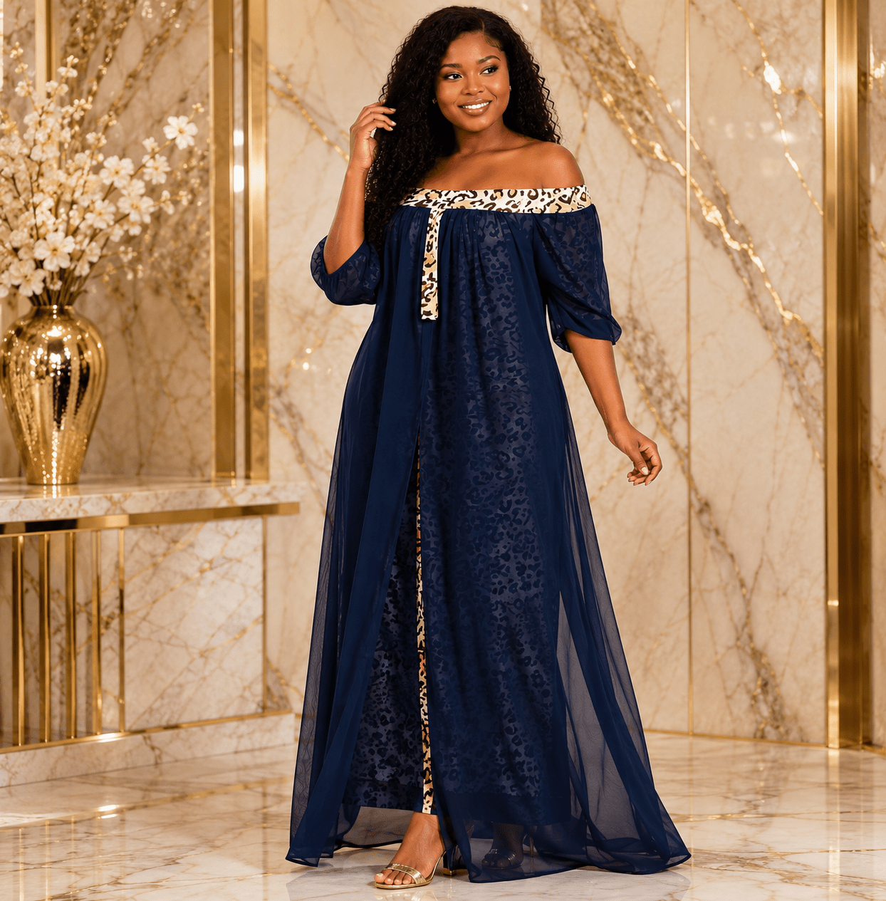 Women's Off-Shoulder Leopard Print Mesh Overlay Maxi Dress – Elegant Chiffon Evening Dress - Maxi Dress - Cherubim Aura