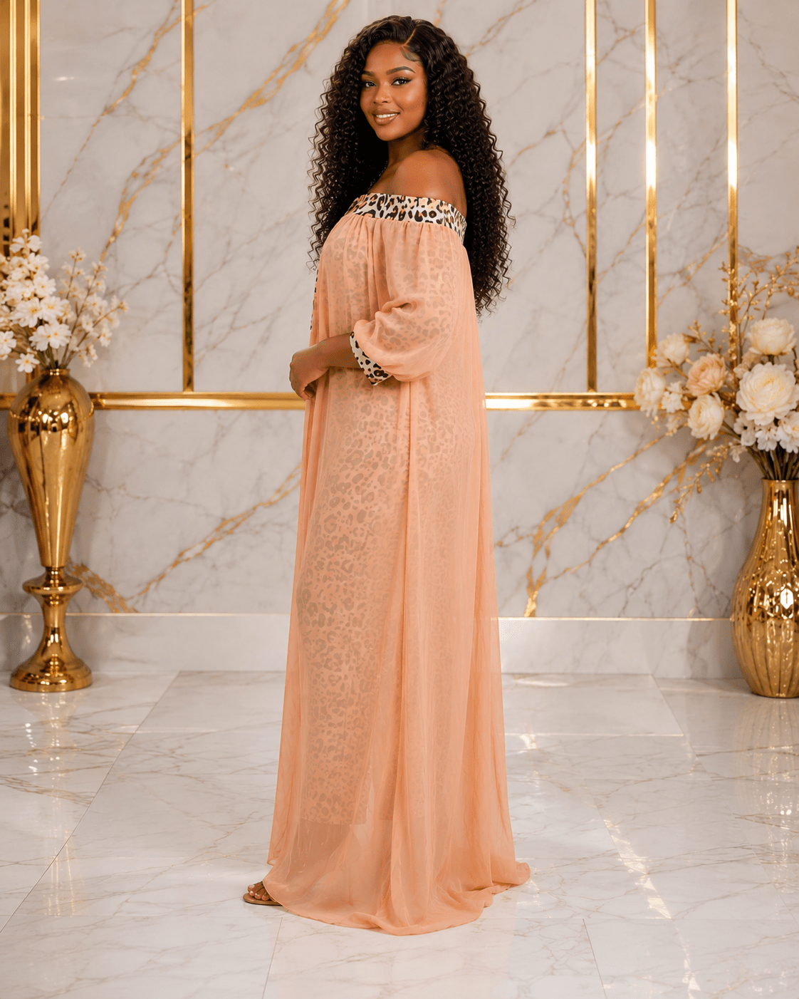 Women's Off-Shoulder Leopard Print Mesh Overlay Maxi Dress – Elegant Chiffon Evening Dress - Maxi Dress - Cherubim Aura
