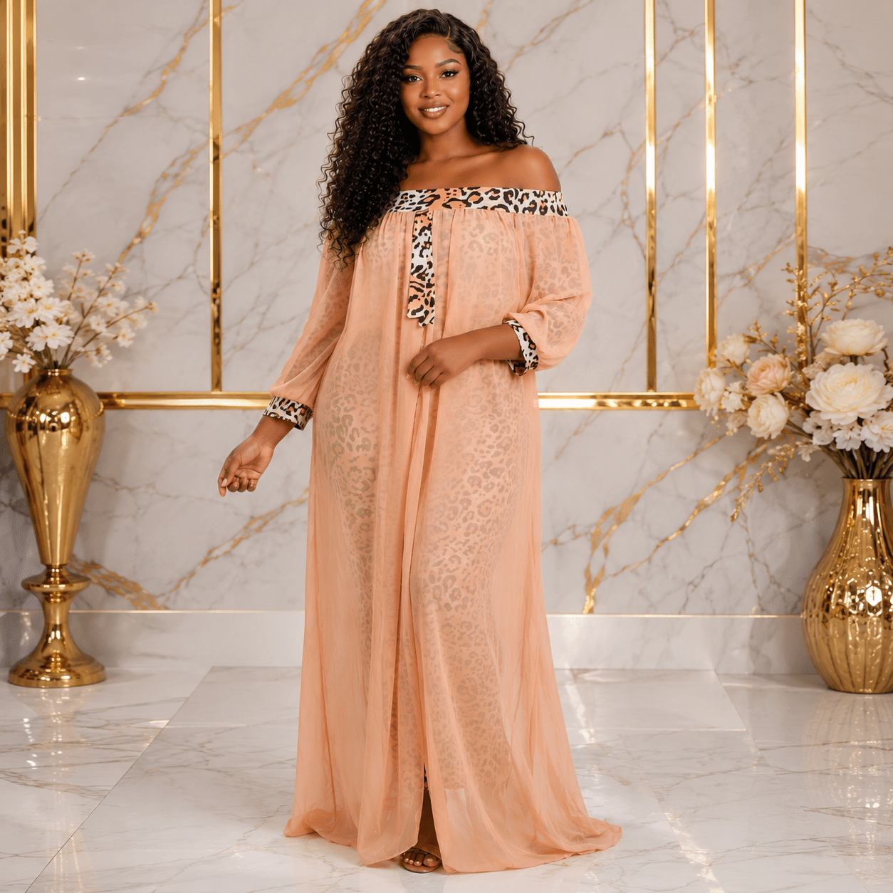 Women's Off-Shoulder Leopard Print Mesh Overlay Maxi Dress – Elegant Chiffon Evening Dress - Maxi Dress - Cherubim Aura