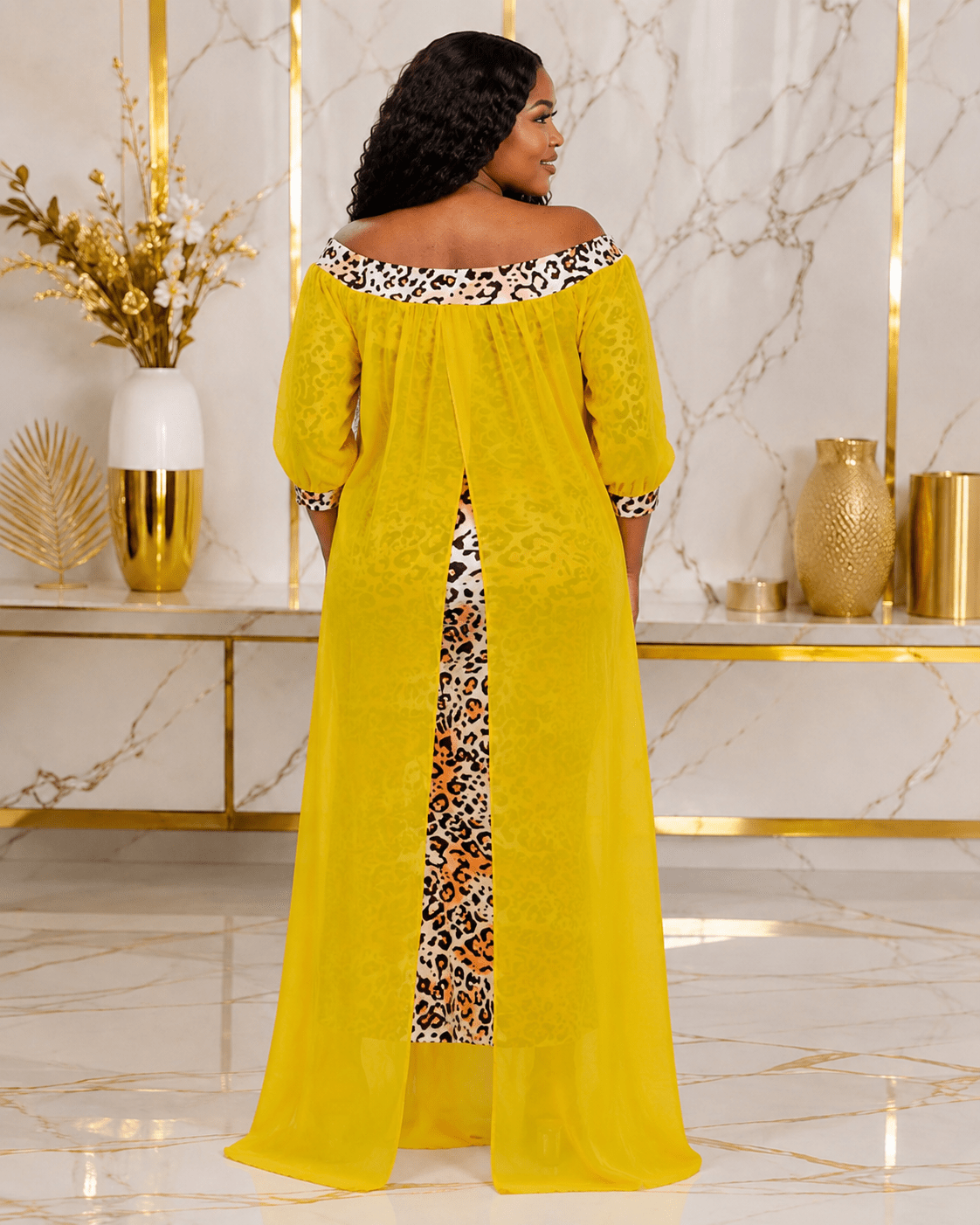 Women's Off-Shoulder Leopard Print Mesh Overlay Maxi Dress – Elegant Chiffon Evening Dress - Maxi Dress - Cherubim Aura