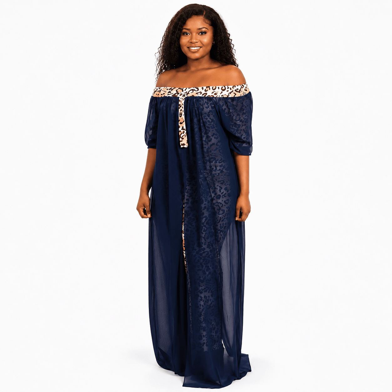 Women's Off-Shoulder Leopard Print Mesh Overlay Maxi Dress – Elegant Chiffon Evening Dress - Maxi Dress - Cherubim Aura