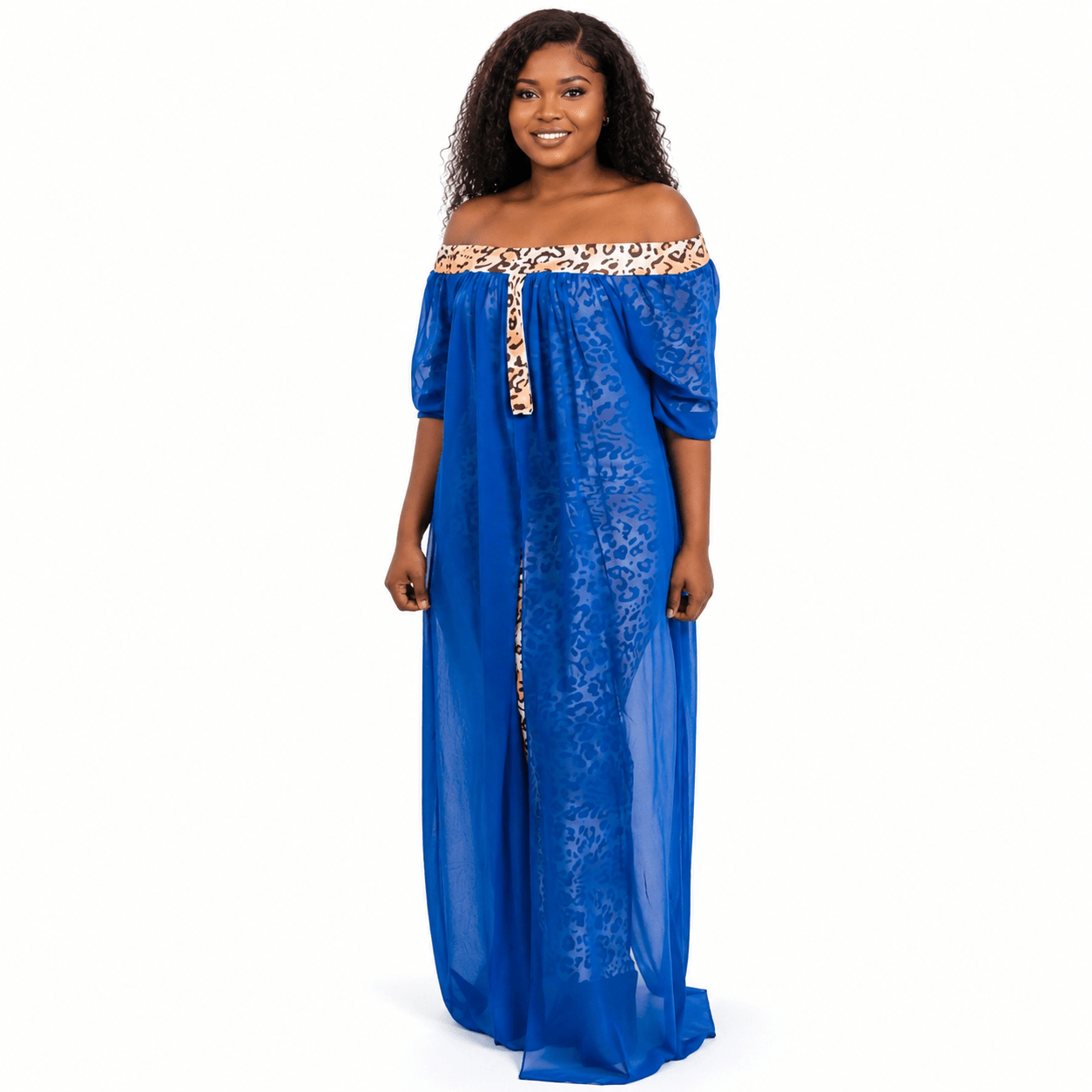 Women's Off-Shoulder Leopard Print Mesh Overlay Maxi Dress – Elegant Chiffon Evening Dress - Maxi Dress - Cherubim Aura