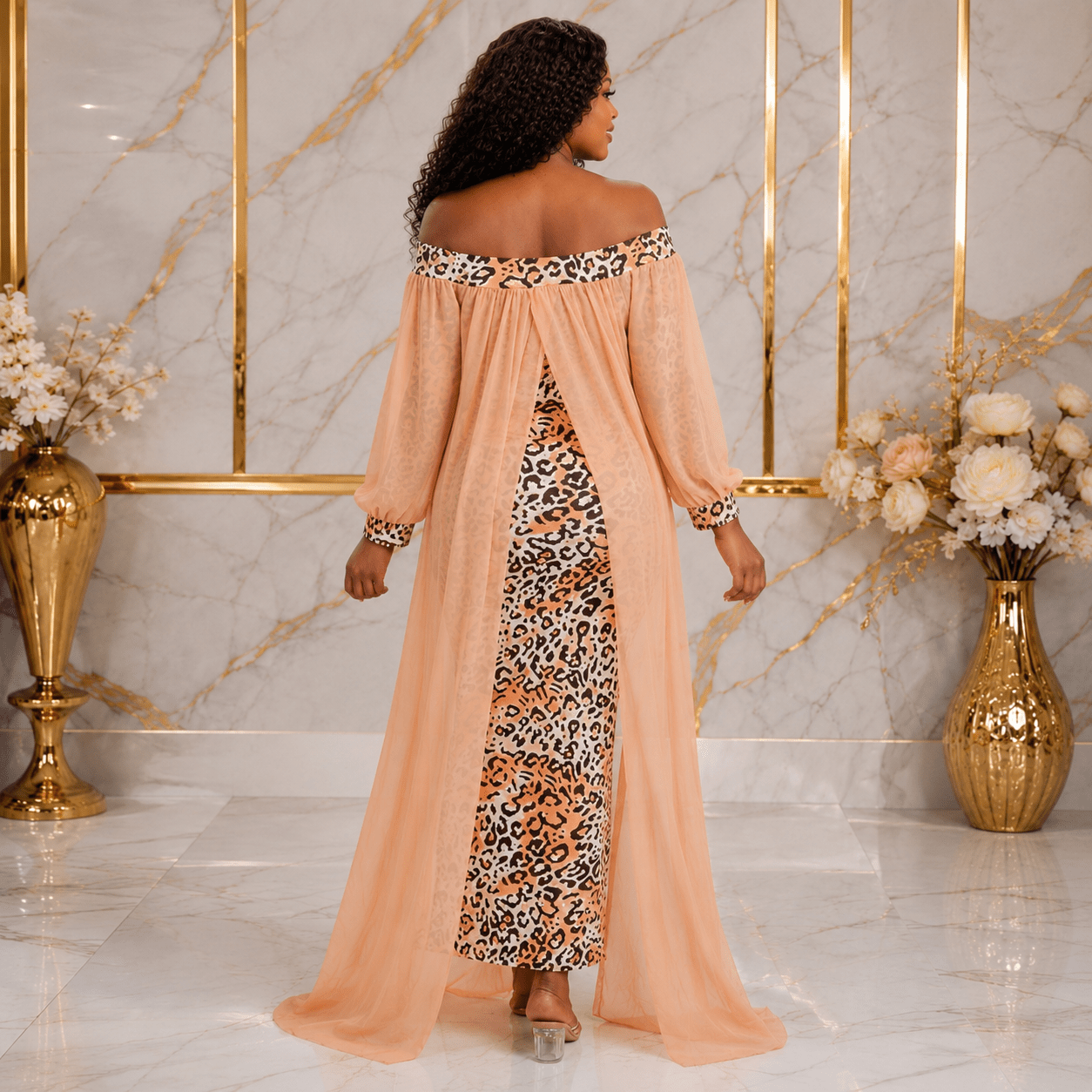 Women's Off-Shoulder Leopard Print Mesh Overlay Maxi Dress – Elegant Chiffon Evening Dress - Maxi Dress - Cherubim Aura