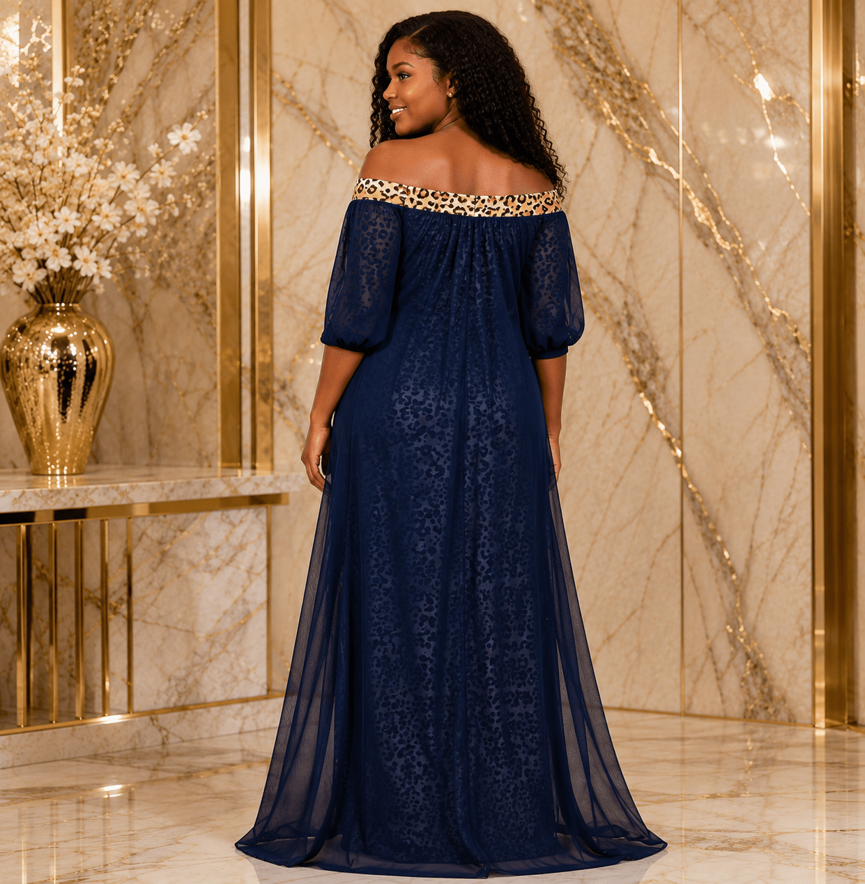Women's Off-Shoulder Leopard Print Mesh Overlay Maxi Dress – Elegant Chiffon Evening Dress - Maxi Dress - Cherubim Aura