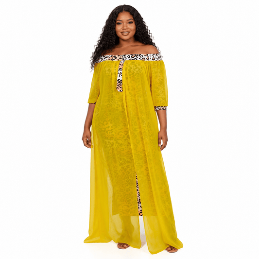Women's Off-Shoulder Leopard Print Mesh Overlay Maxi Dress – Elegant Chiffon Evening Dress - Maxi Dress - Cherubim Aura