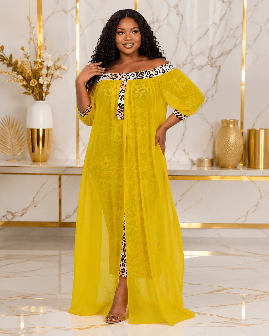 Women's Off-Shoulder Leopard Print Mesh Overlay Maxi Dress – Elegant Chiffon Evening Dress - Maxi Dress - Cherubim Aura