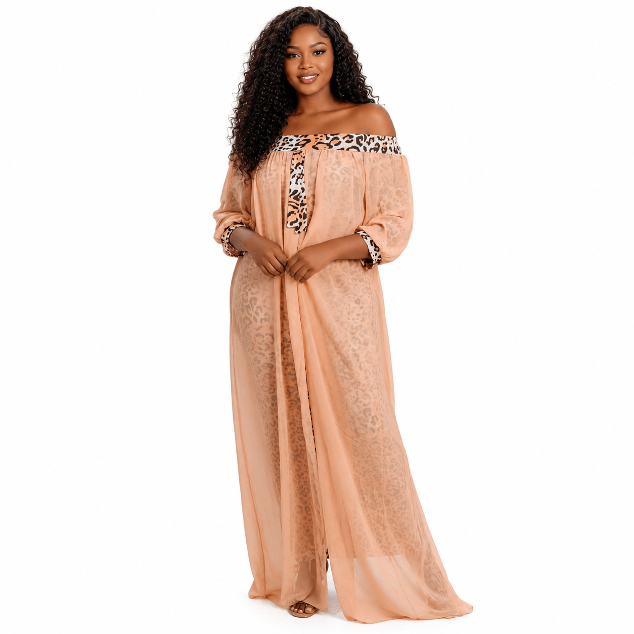 Women's Off-Shoulder Leopard Print Mesh Overlay Maxi Dress – Elegant Chiffon Evening Dress - Maxi Dress - Cherubim Aura