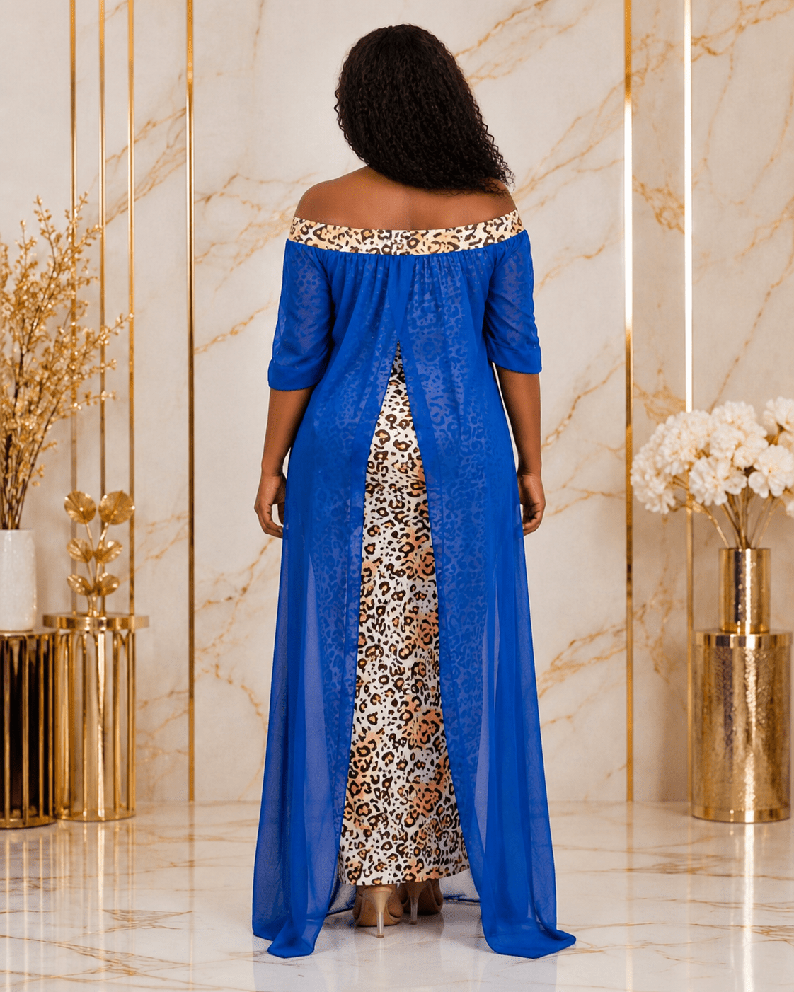 Women's Off-Shoulder Leopard Print Mesh Overlay Maxi Dress – Elegant Chiffon Evening Dress - Maxi Dress - Cherubim Aura