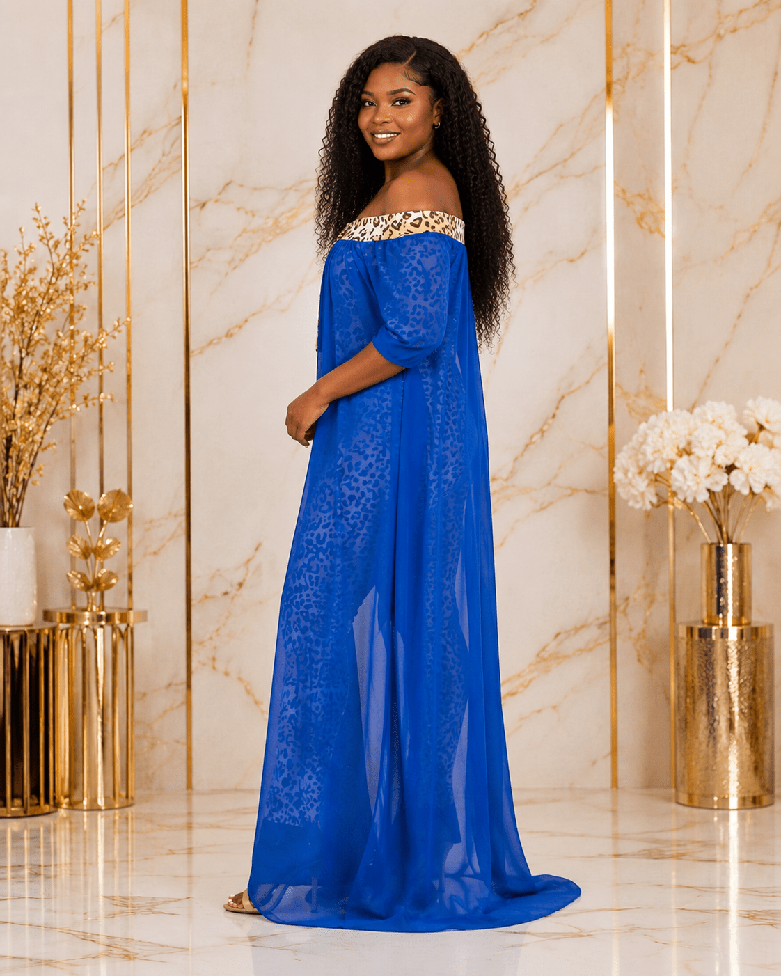 Women's Off-Shoulder Leopard Print Mesh Overlay Maxi Dress – Elegant Chiffon Evening Dress - Maxi Dress - Cherubim Aura