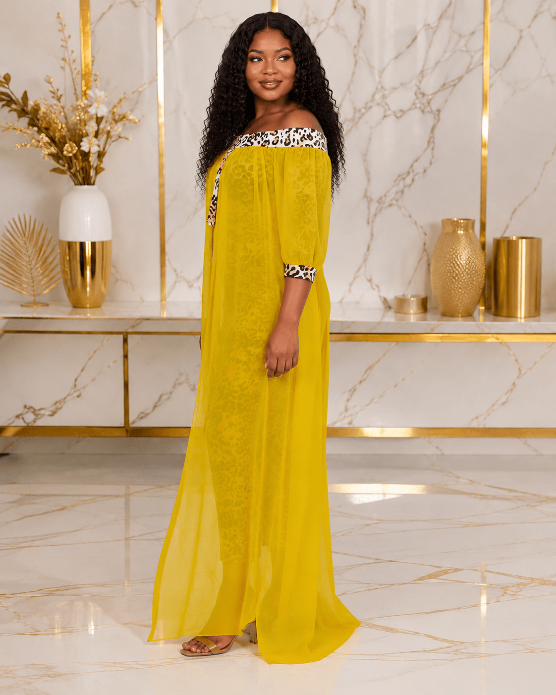 Women's Off-Shoulder Leopard Print Mesh Overlay Maxi Dress – Elegant Chiffon Evening Dress - Maxi Dress - Cherubim Aura