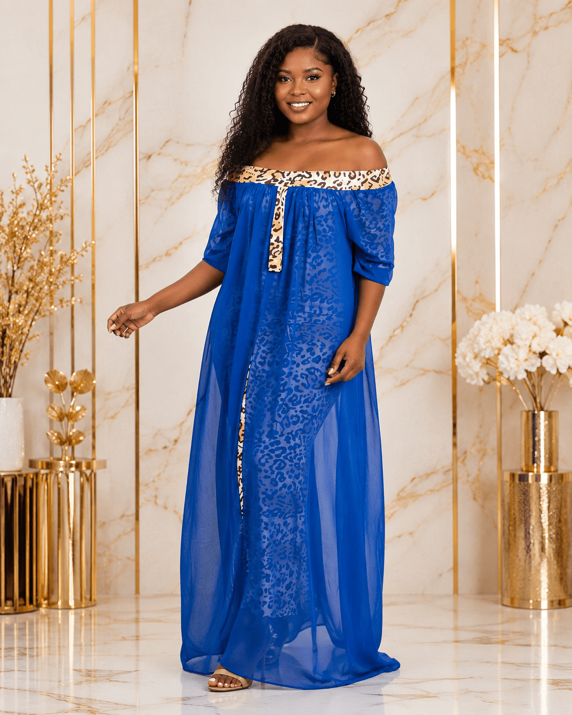 Women's Off-Shoulder Leopard Print Mesh Overlay Maxi Dress – Elegant Chiffon Evening Dress - Maxi Dress - Cherubim Aura