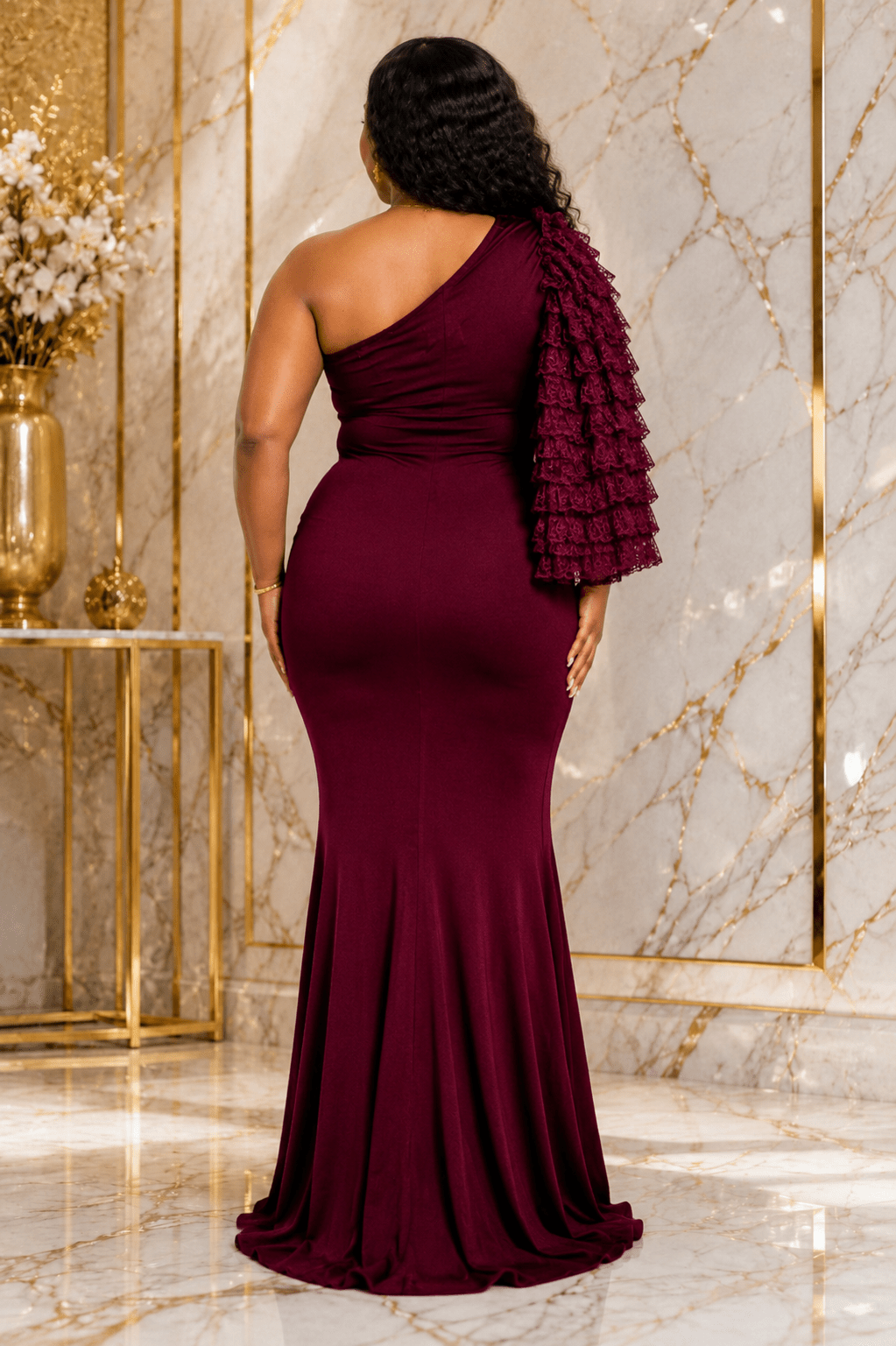 Women's One-Shoulder Mermaid Maxi Evening Dress – Elegant Ruffle Sleeve Formal Dress - Maxi Dress - Cherubim Aura